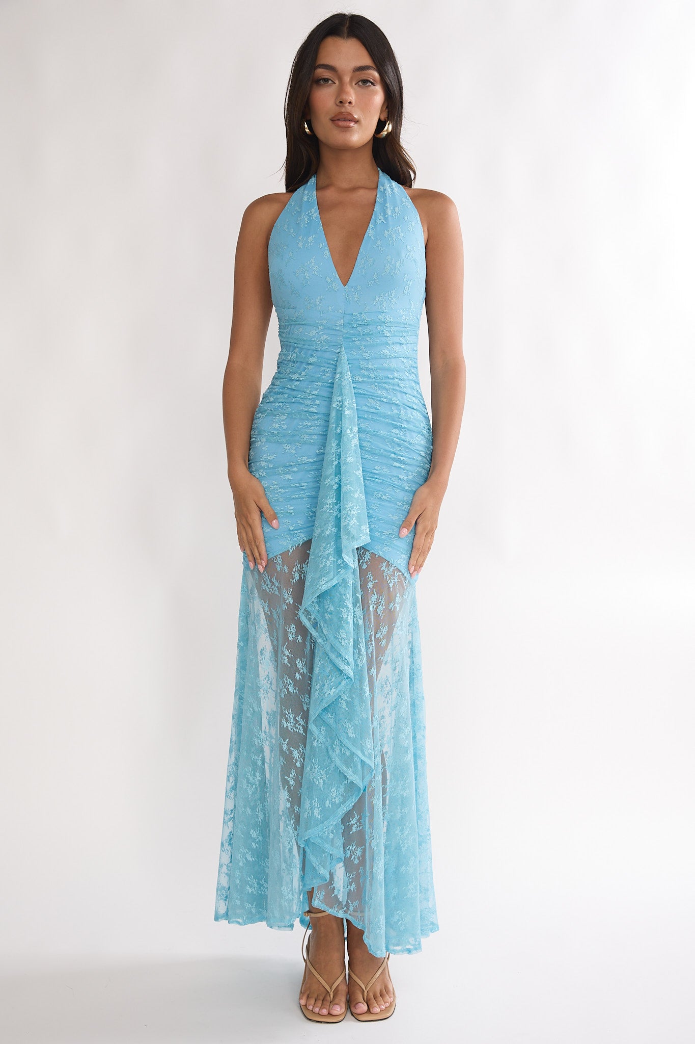 Kamilah Ruched Ruffle Maxi Dress Lace Teal by Selfie Leslie Australia