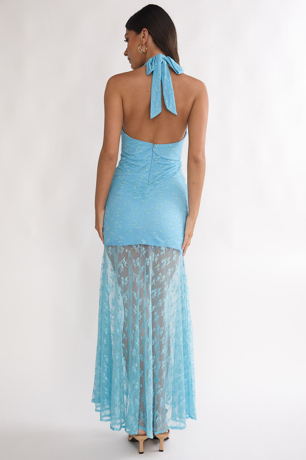 Kamilah Ruched Ruffle Maxi Dress Lace Teal by Selfie Leslie Australia