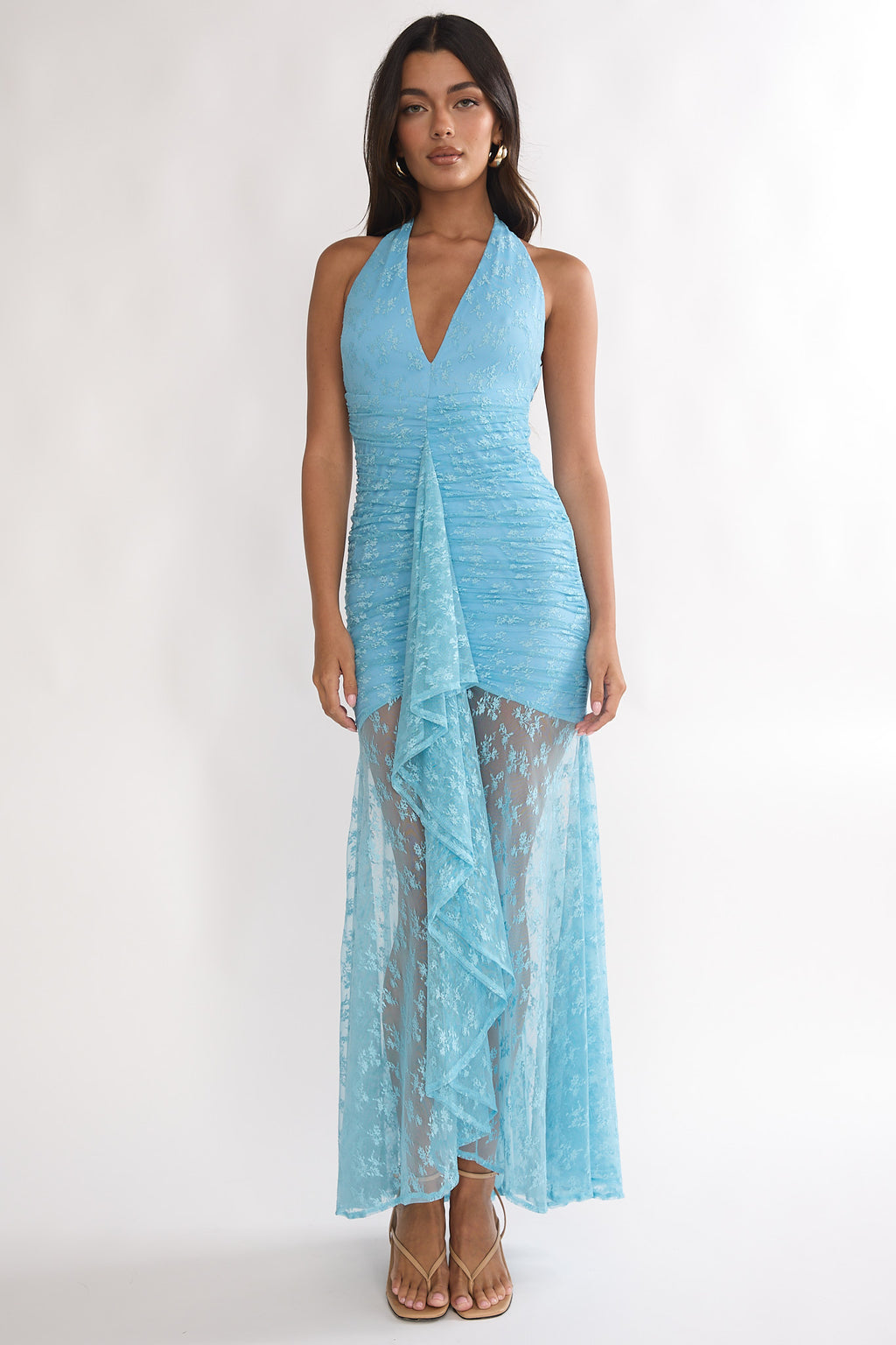 Kamilah Ruched Ruffle Maxi Dress Lace Teal by Selfie Leslie Australia