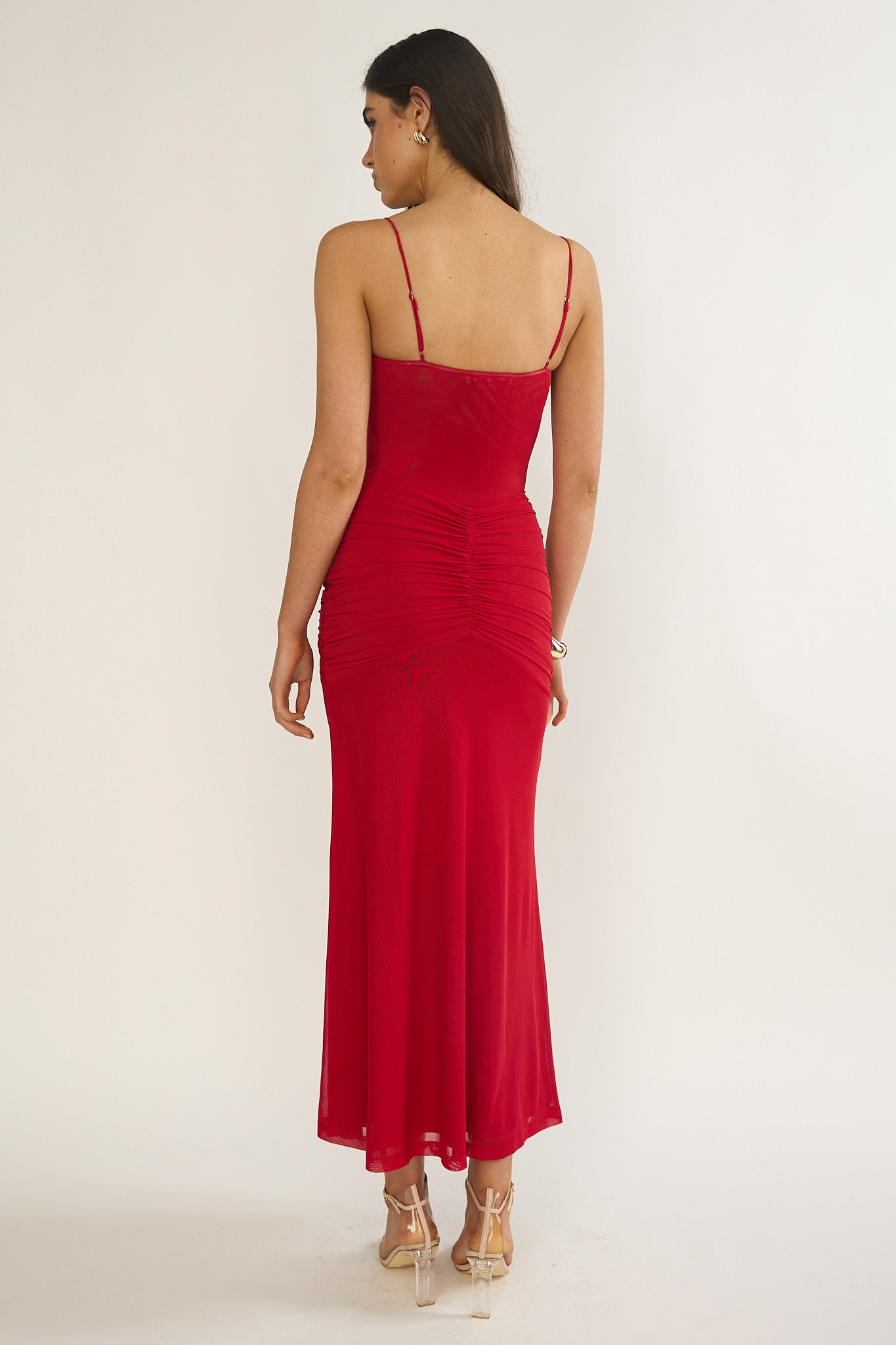 Kamilah Ruched Sheer Waist Maxi Dress Red by Selfie Leslie Australia