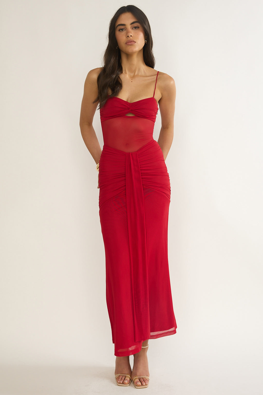 Kamilah Ruched Sheer Waist Maxi Dress Red by Selfie Leslie Australia