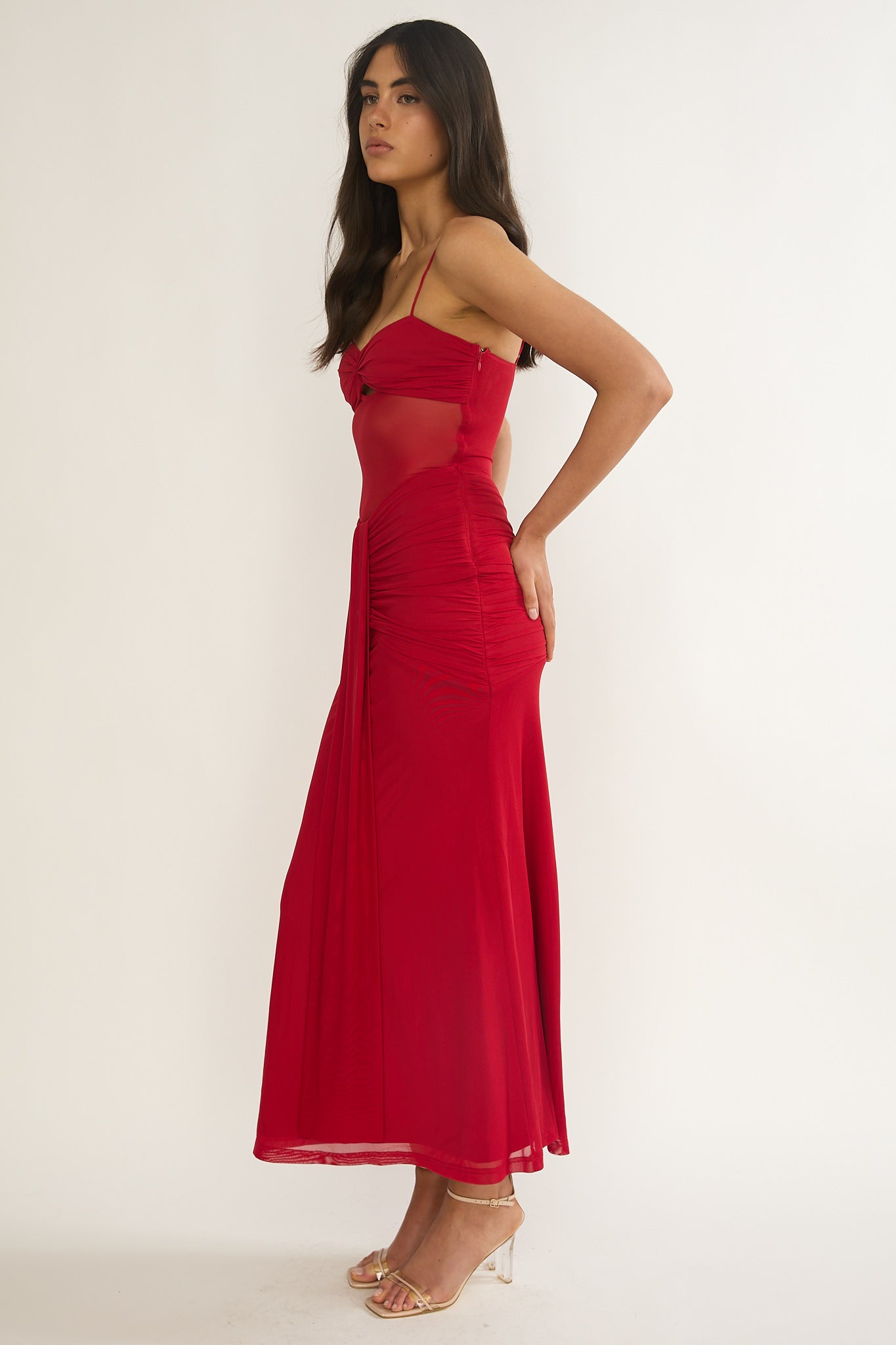 Kamilah Ruched Sheer Waist Maxi Dress Red by Selfie Leslie Australia