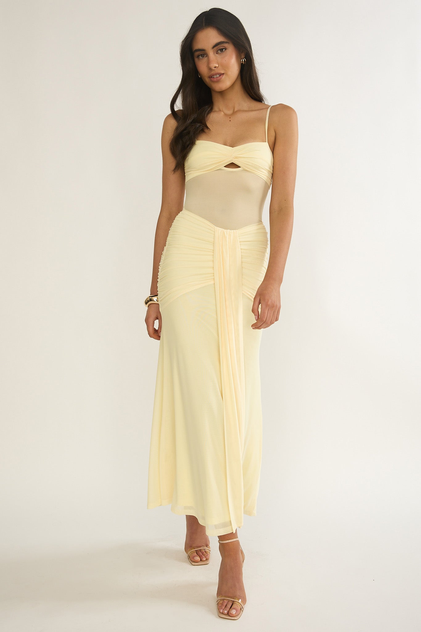Kamilah Ruched Sheer Waist Maxi Dress Yellow by Selfie Leslie Australia
