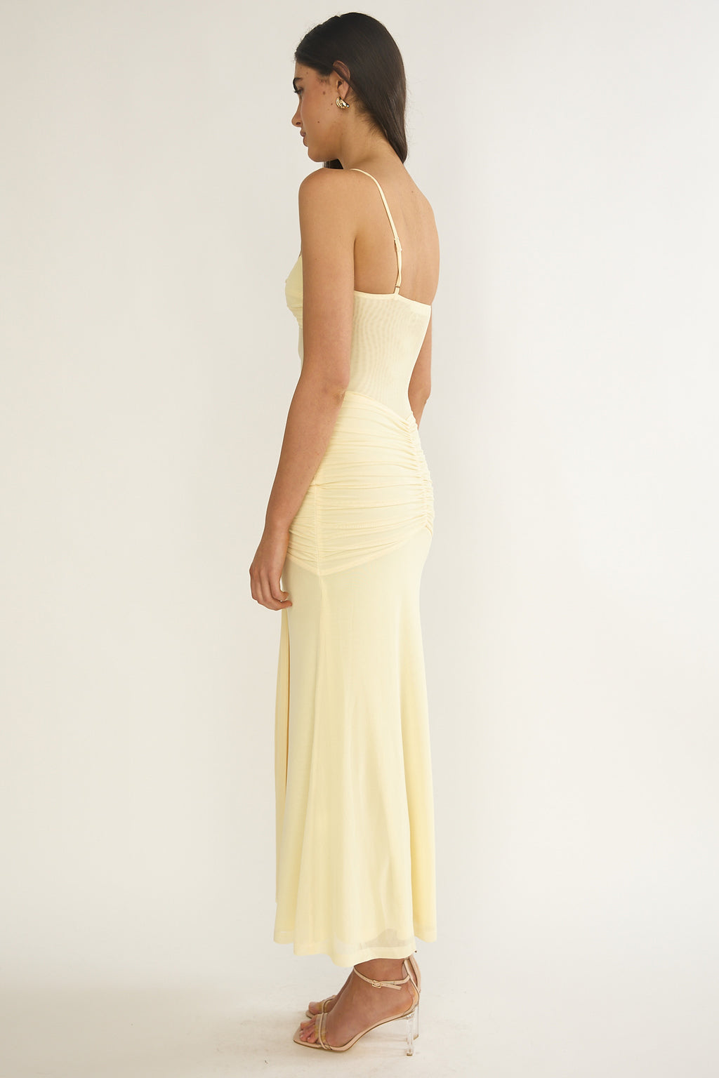 Kamilah Ruched Sheer Waist Maxi Dress Yellow by Selfie Leslie Australia