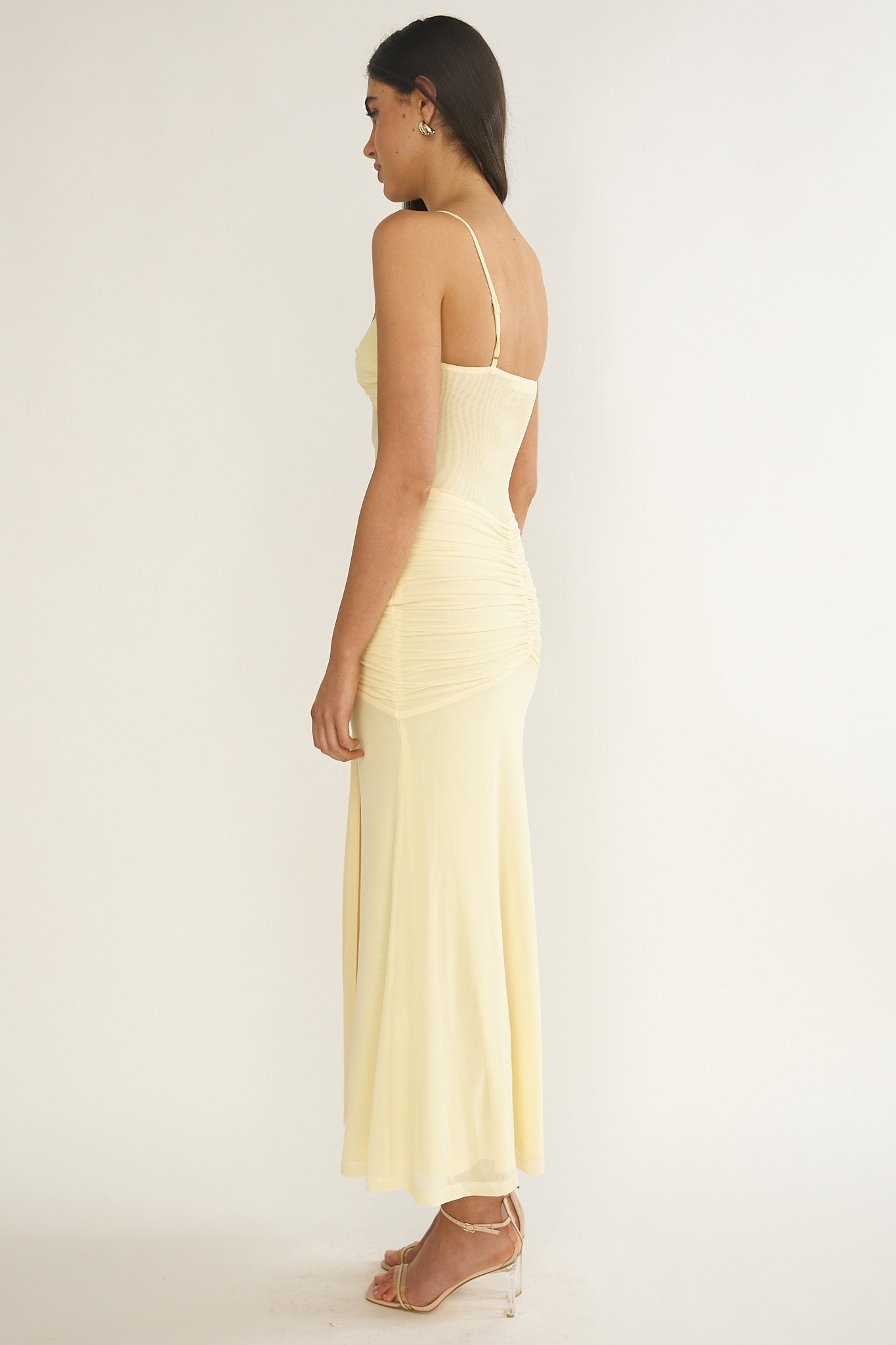 Kamilah Ruched Sheer Waist Maxi Dress Yellow by Selfie Leslie Australia
