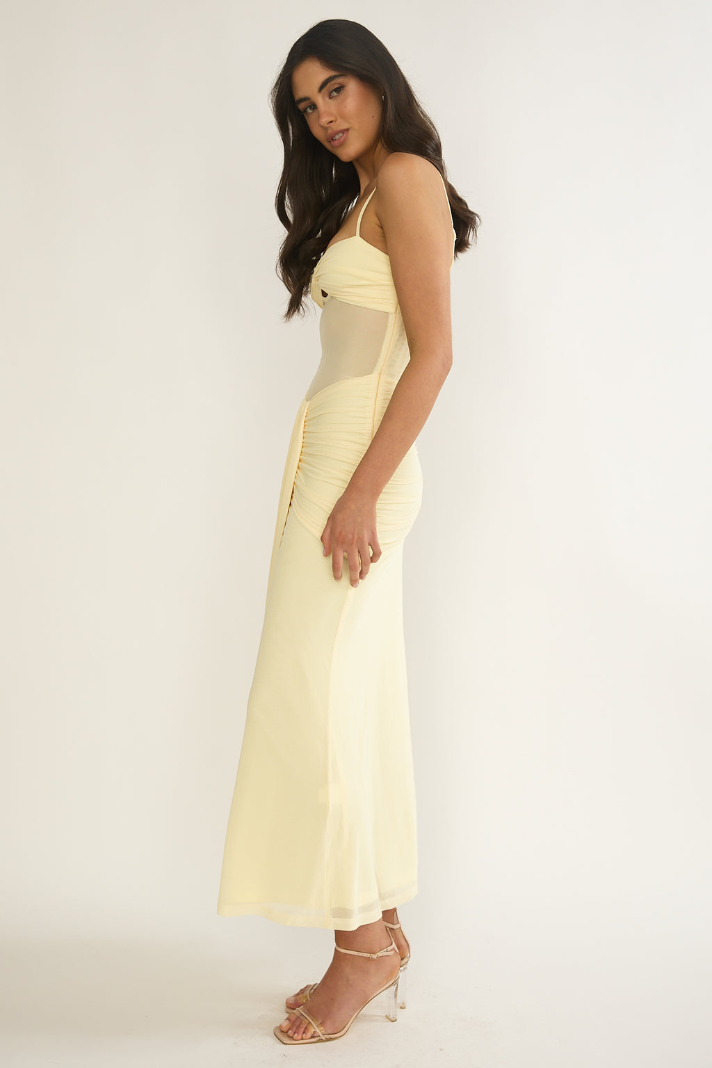 Kamilah Ruched Sheer Waist Maxi Dress Yellow by Selfie Leslie Australia