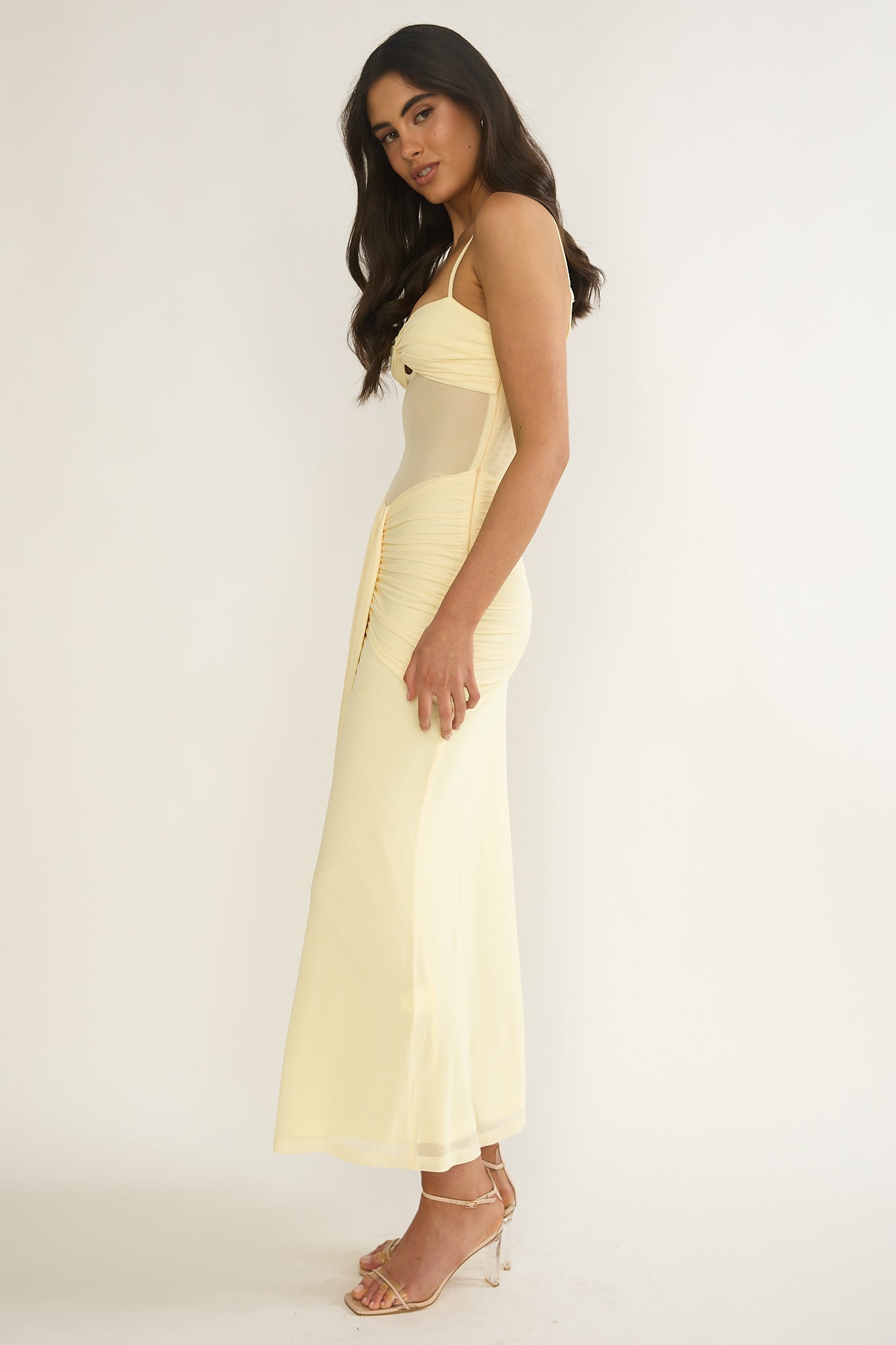 Kamilah Ruched Sheer Waist Maxi Dress Yellow by Selfie Leslie Australia