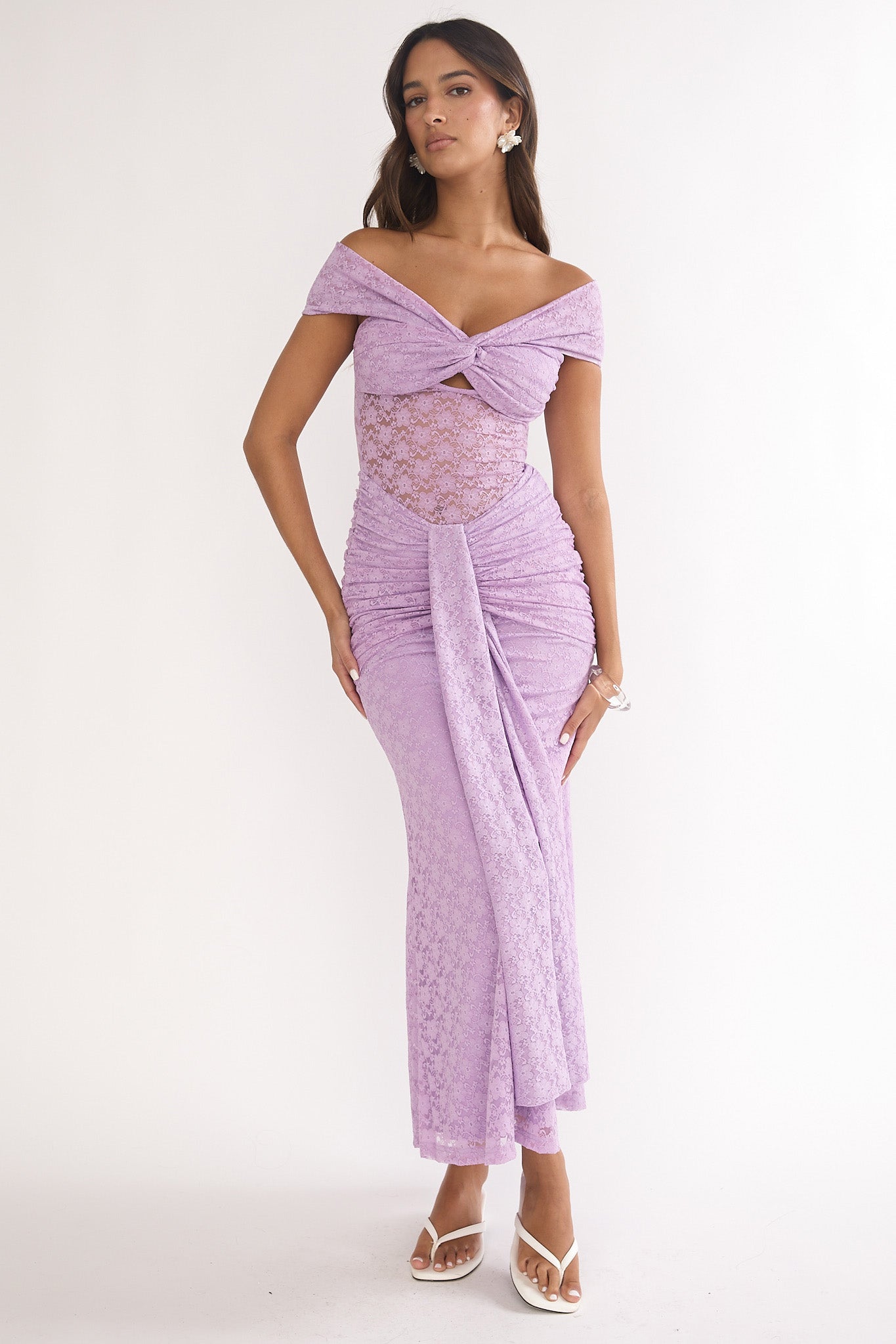 Kamilah Ruched Lace Maxi Dress Lilac by Selfie Leslie Australia
