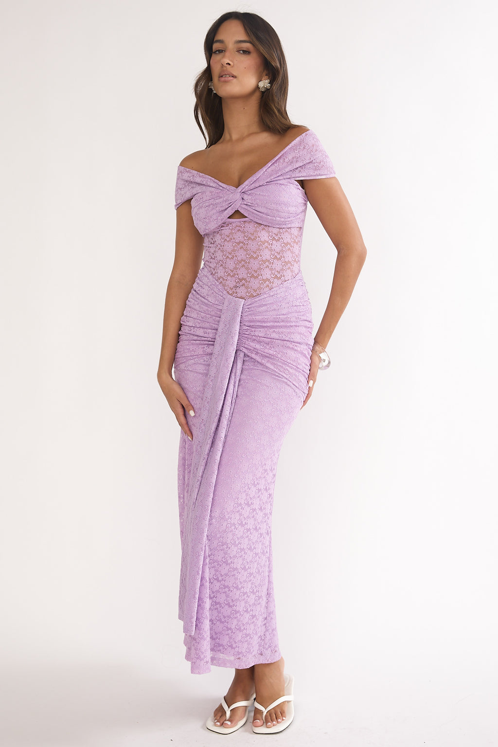 Kamilah Ruched Lace Maxi Dress Lilac by Selfie Leslie Australia