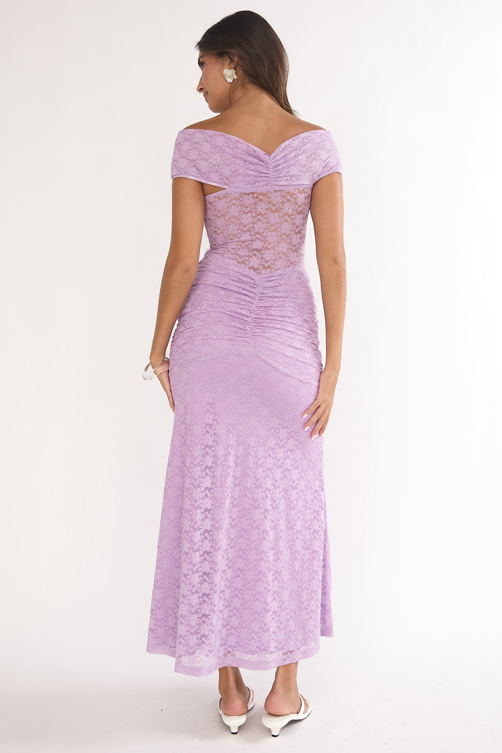 Kamilah Ruched Lace Maxi Dress Lilac by Selfie Leslie Australia