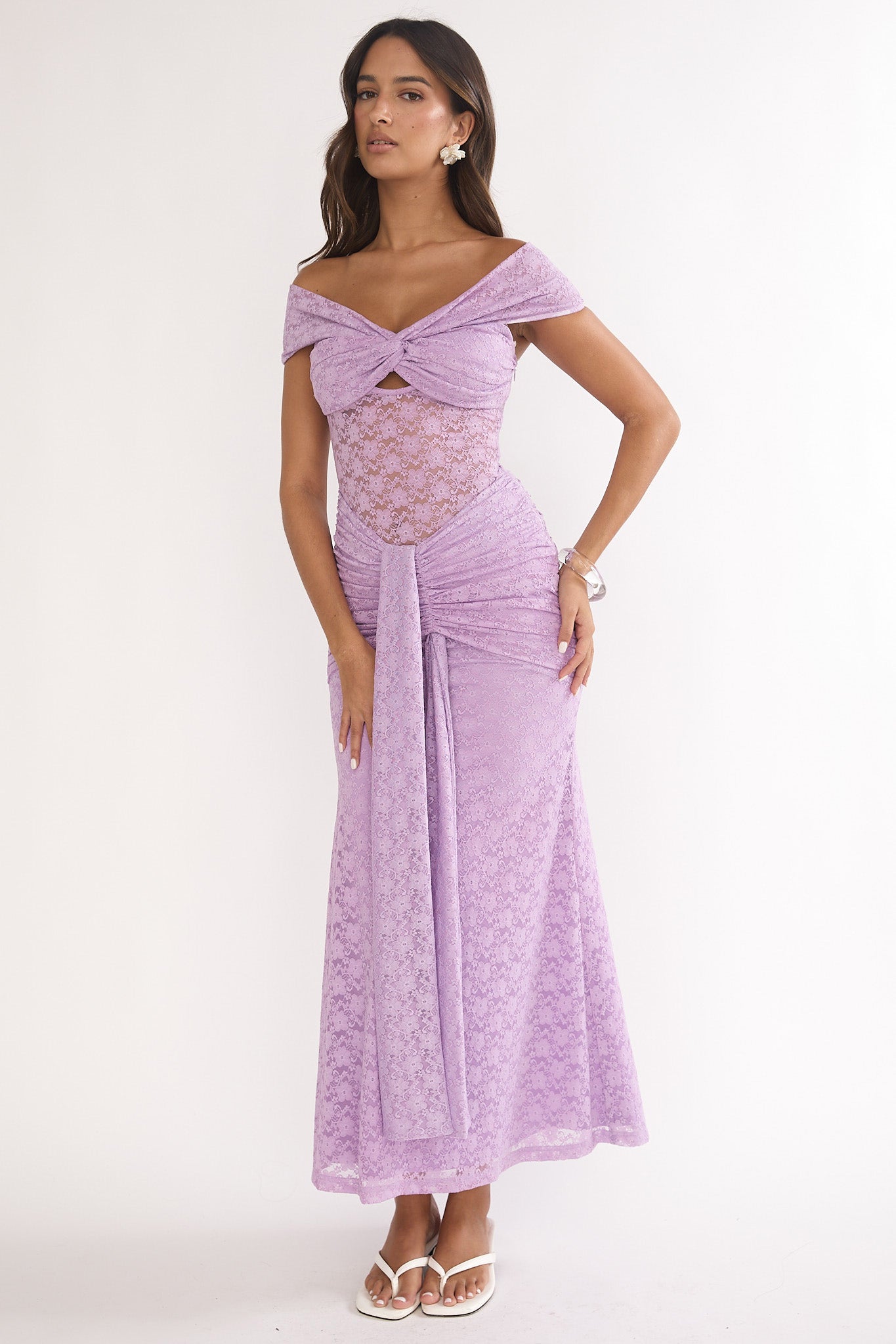 Kamilah Ruched Lace Maxi Dress Lilac by Selfie Leslie Australia