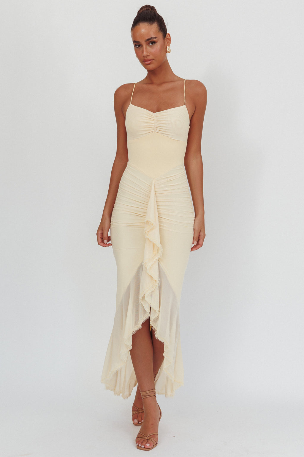 Kamilah Gathered Cascading Ruffle Midi Dress Butter by Selfie Leslie Australia