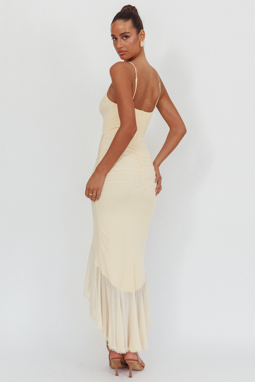 Kamilah Gathered Cascading Ruffle Midi Dress Butter by Selfie Leslie Australia