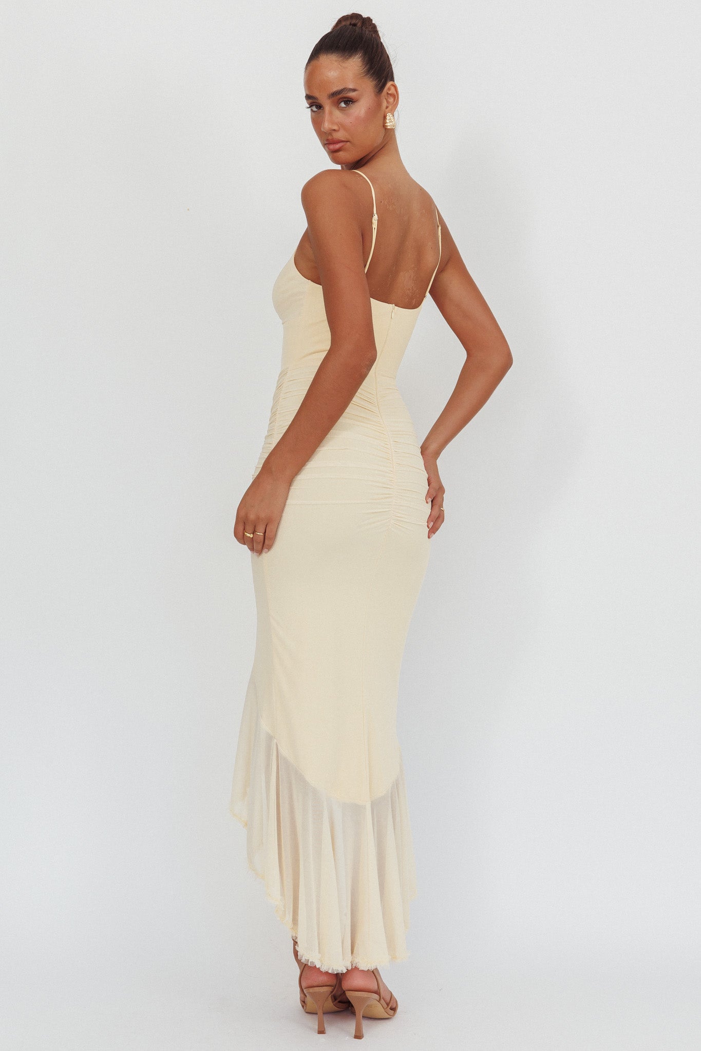 Kamilah Gathered Cascading Ruffle Midi Dress Butter by Selfie Leslie Australia