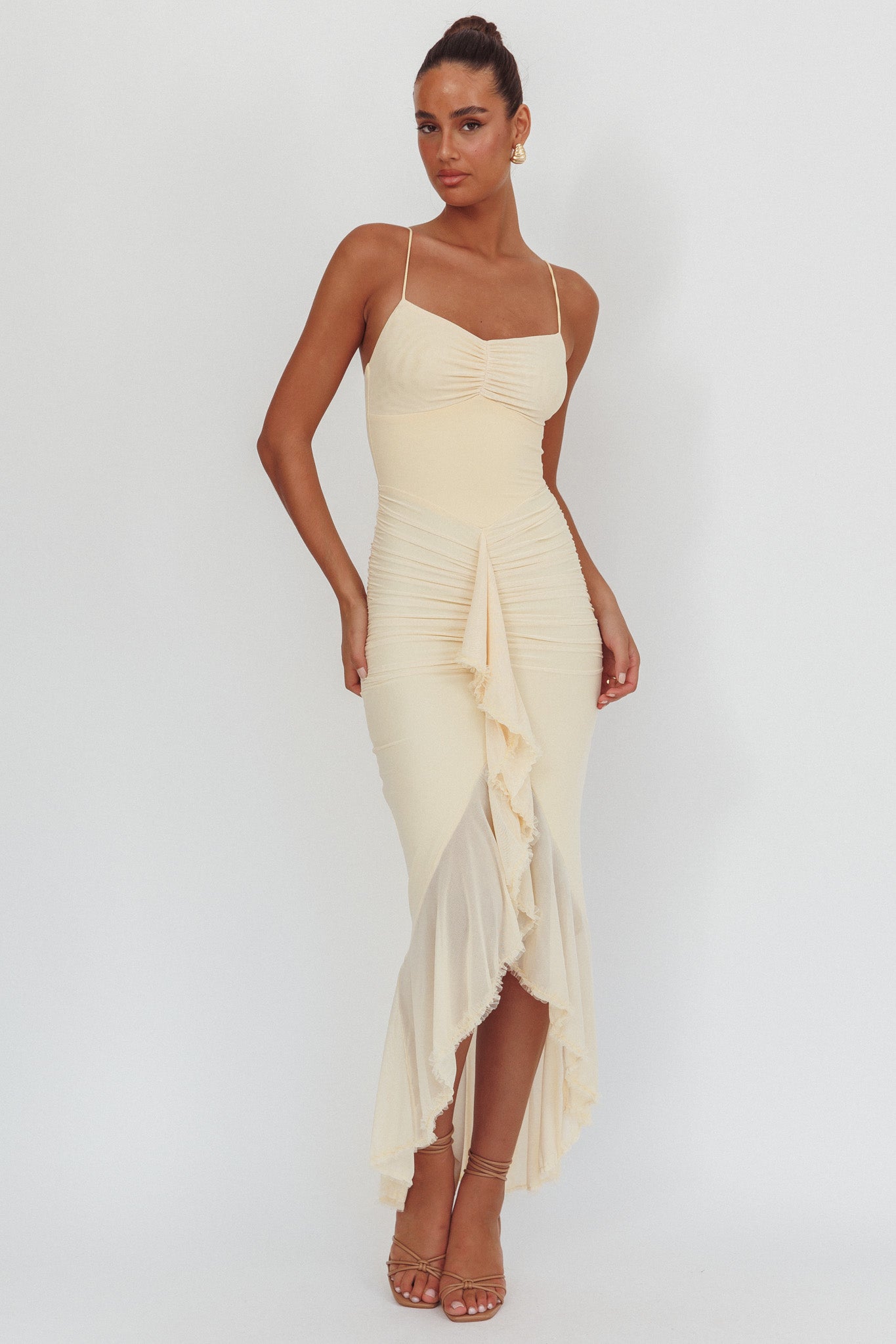 Kamilah Gathered Cascading Ruffle Midi Dress Butter by Selfie Leslie Australia
