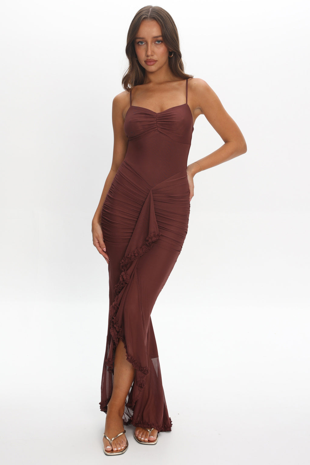 Kamilah Gathered Cascading Ruffle Midi Dress Maroon by Selfie Leslie Australia