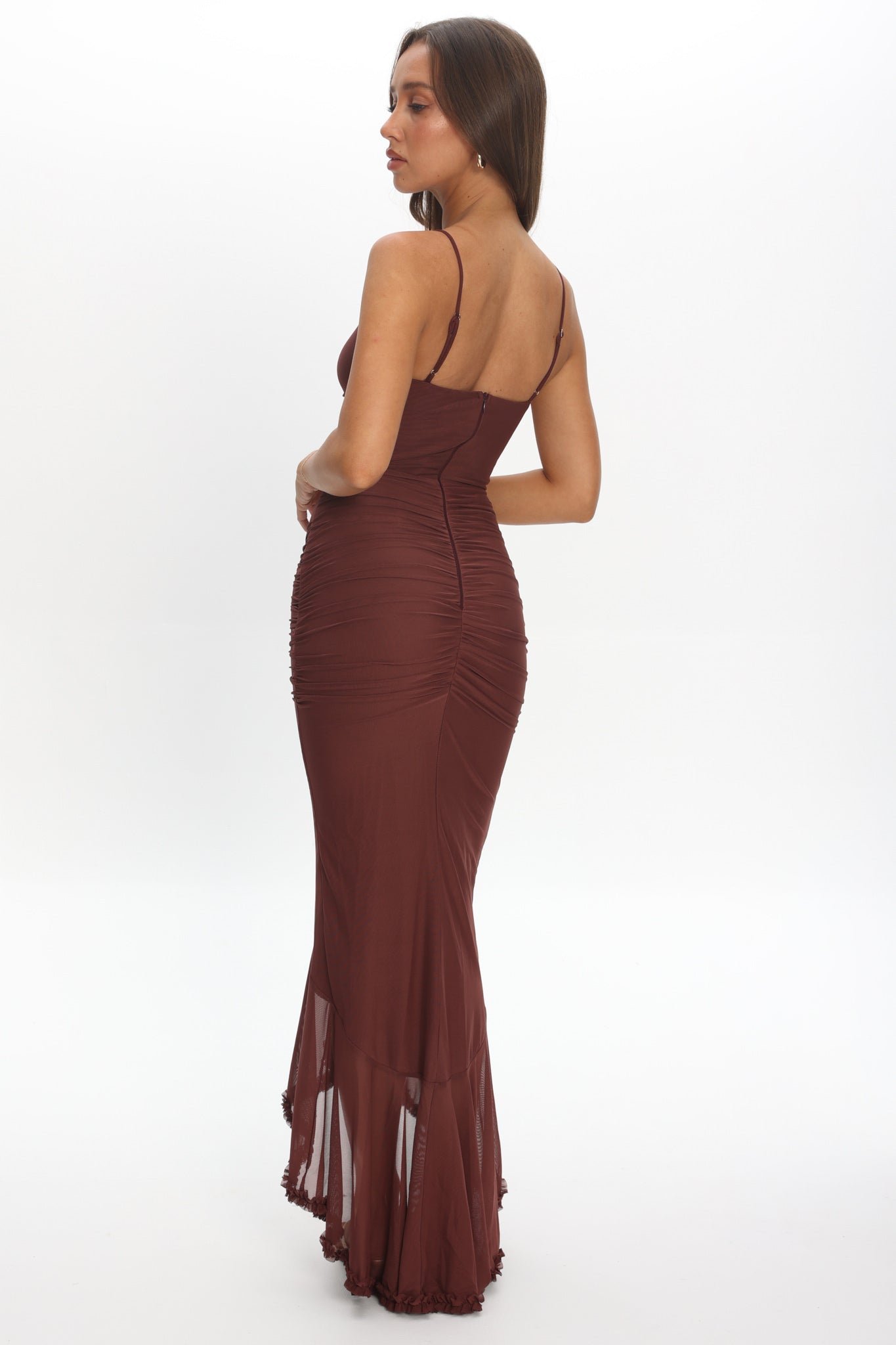 Kamilah Gathered Cascading Ruffle Midi Dress Maroon by Selfie Leslie Australia
