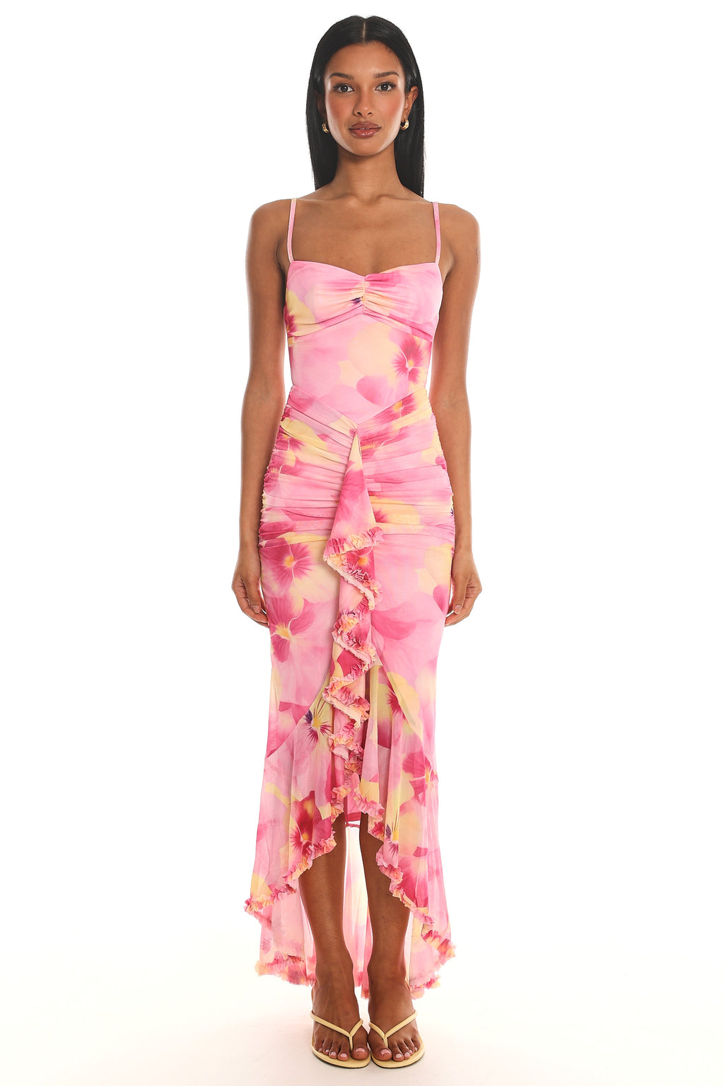 Kamilah Ruched Waist Ruffle Maxi Dress Print Pink by Selfie Leslie Australia