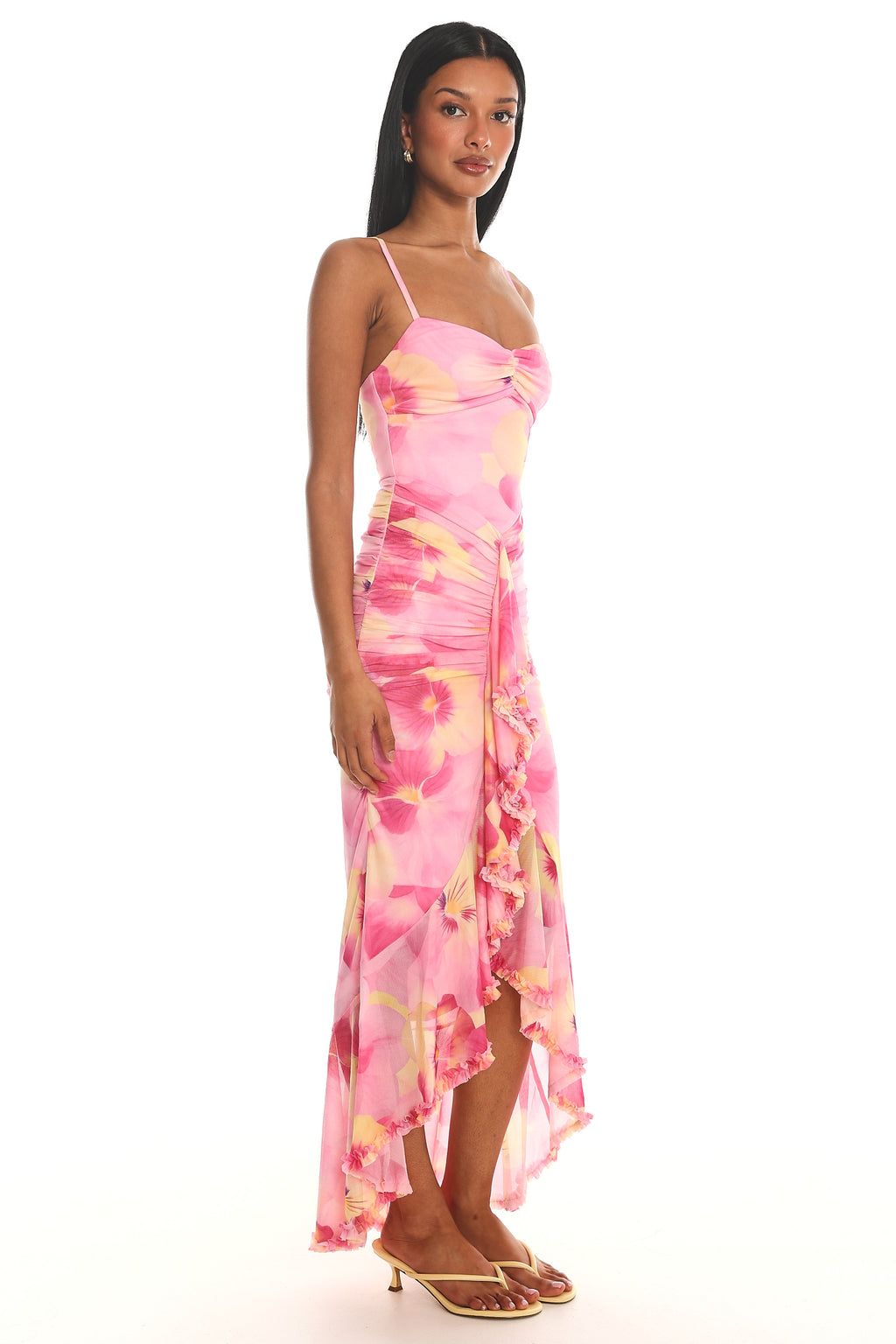 Kamilah Ruched Waist Ruffle Maxi Dress Print Pink by Selfie Leslie Australia