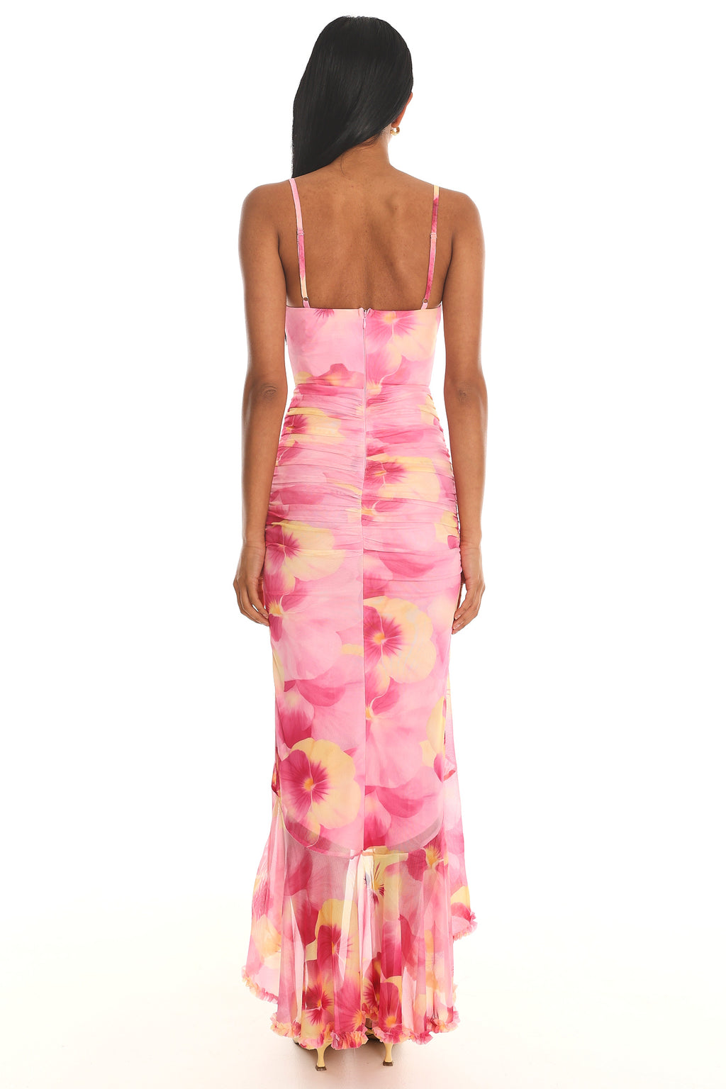 Kamilah Ruched Waist Ruffle Maxi Dress Print Pink by Selfie Leslie Australia