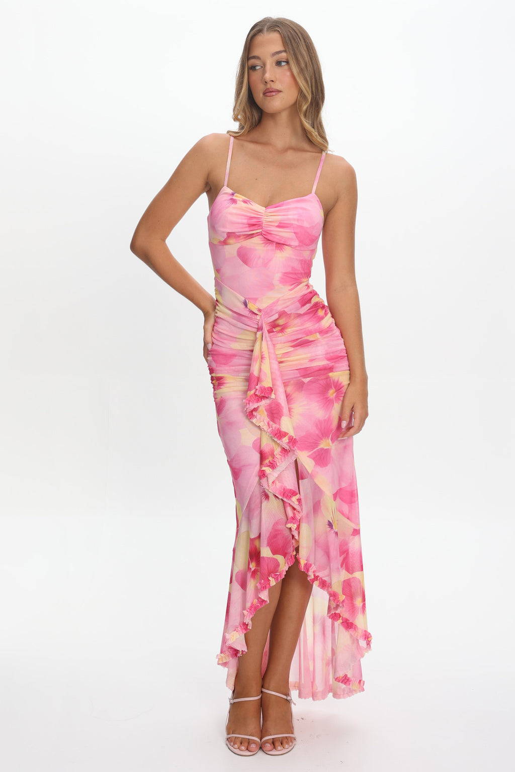 Kamilah Ruched Waist Ruffle Maxi Dress Print Pink by Selfie Leslie Australia