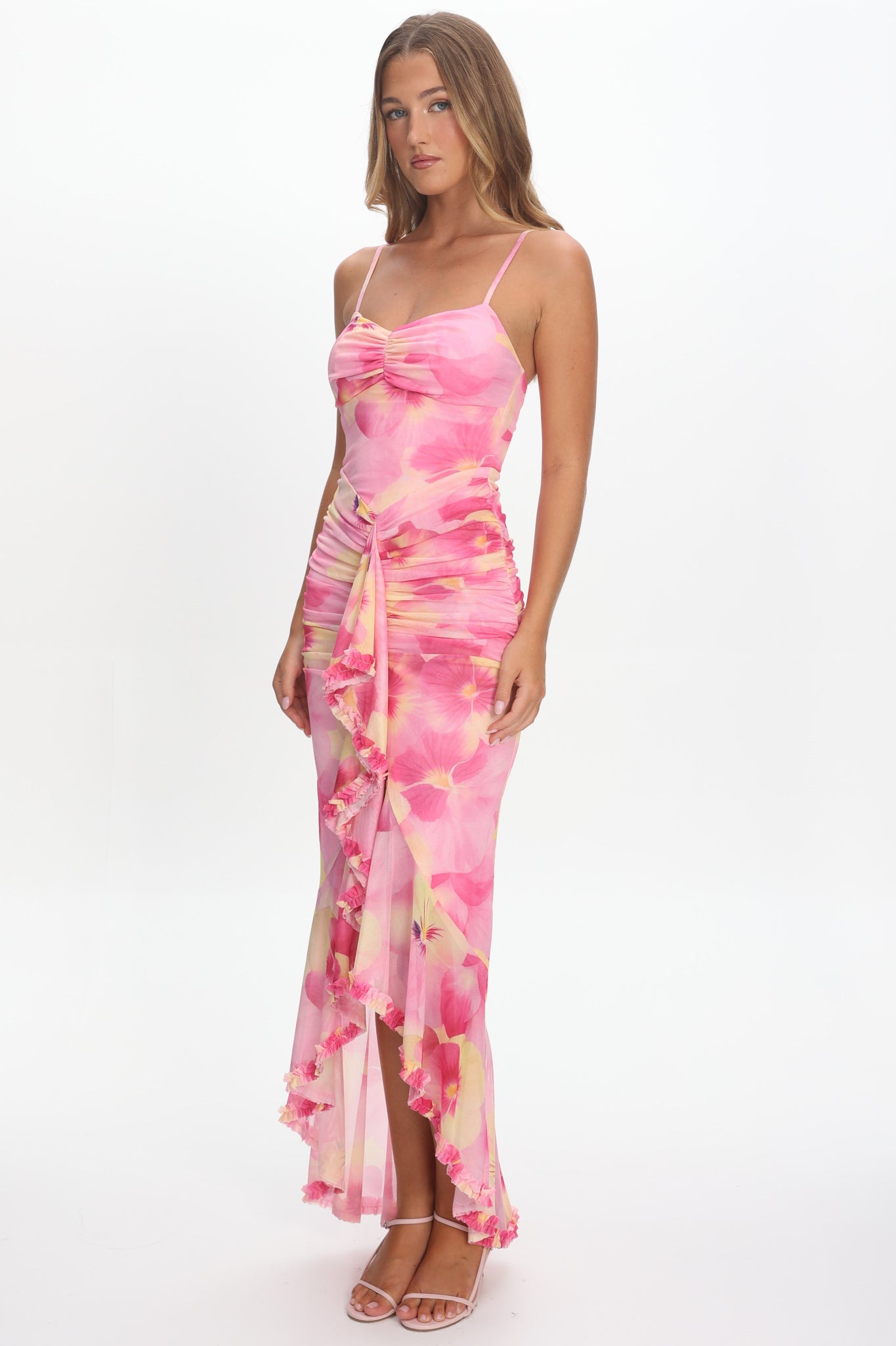 Kamilah Ruched Waist Ruffle Maxi Dress Print Pink by Selfie Leslie Australia