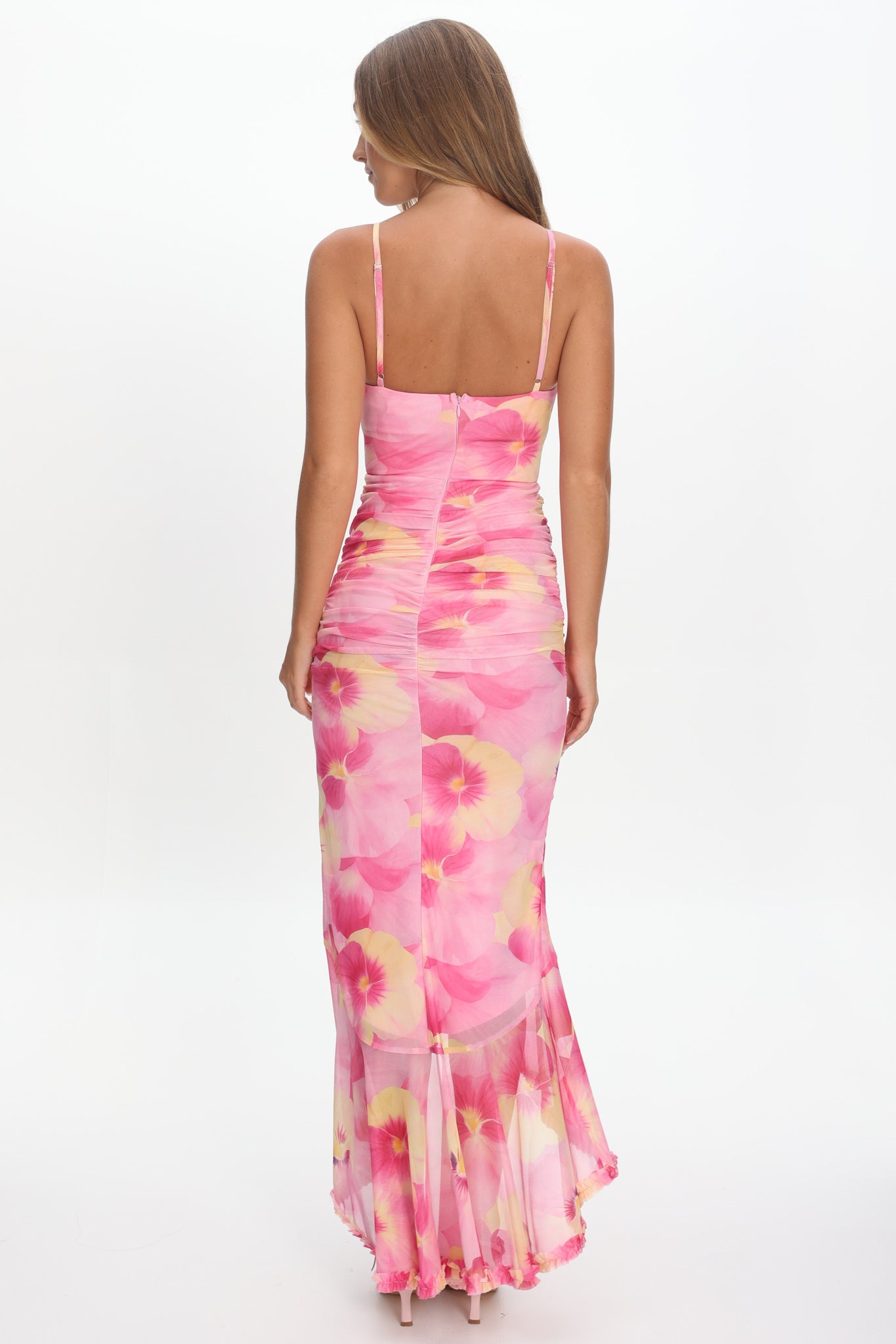 Kamilah Ruched Waist Ruffle Maxi Dress Print Pink by Selfie Leslie Australia