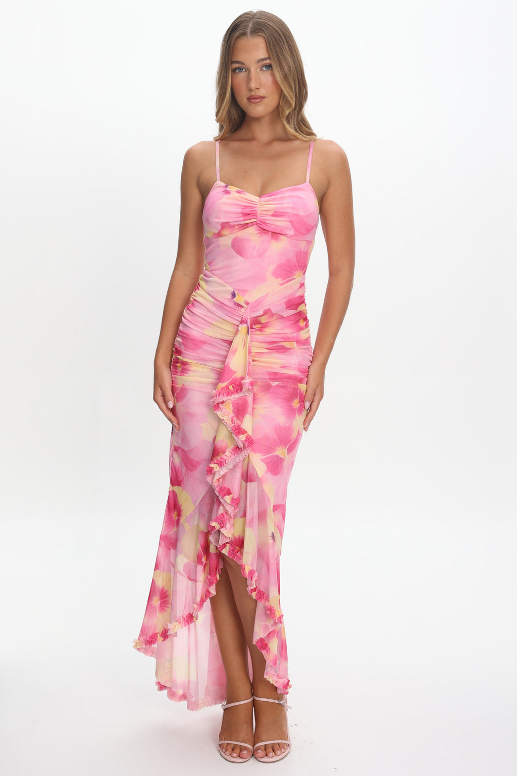 Kamilah Ruched Waist Ruffle Maxi Dress Print Pink by Selfie Leslie Australia