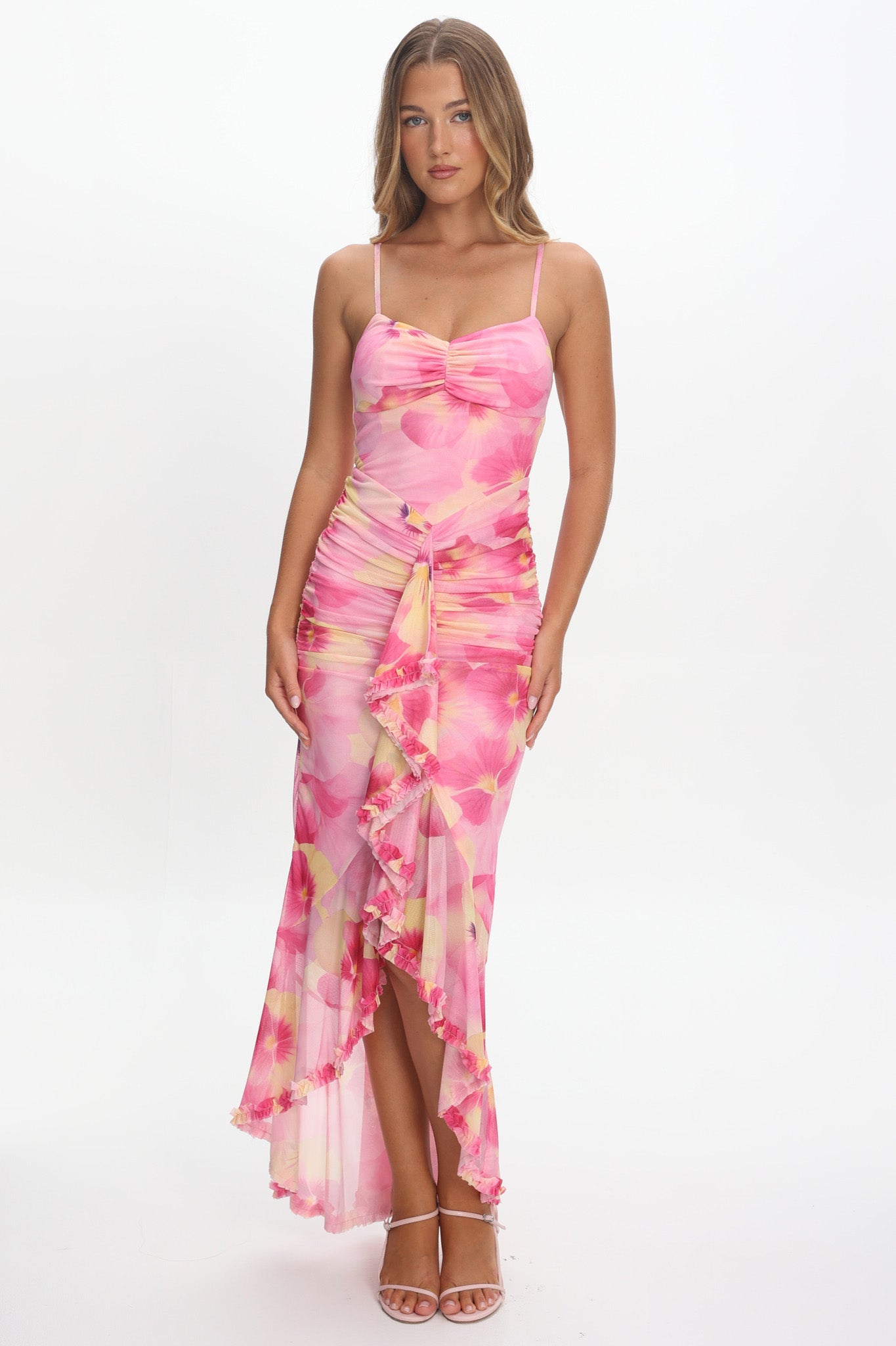 Kamilah Ruched Waist Ruffle Maxi Dress Print Pink by Selfie Leslie Australia