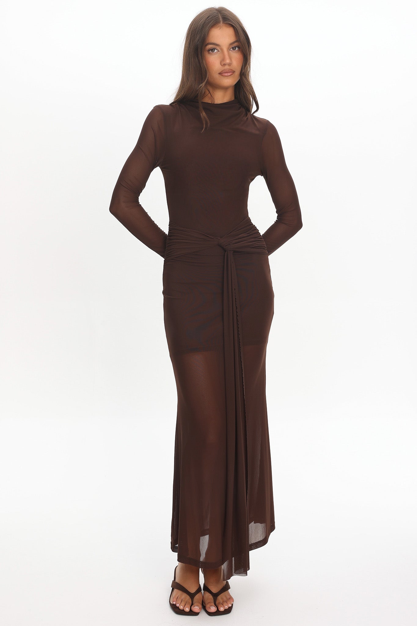 Girl's Night Long Sleeve Mesh Maxi Dress Chocolate by Selfie Leslie Australia