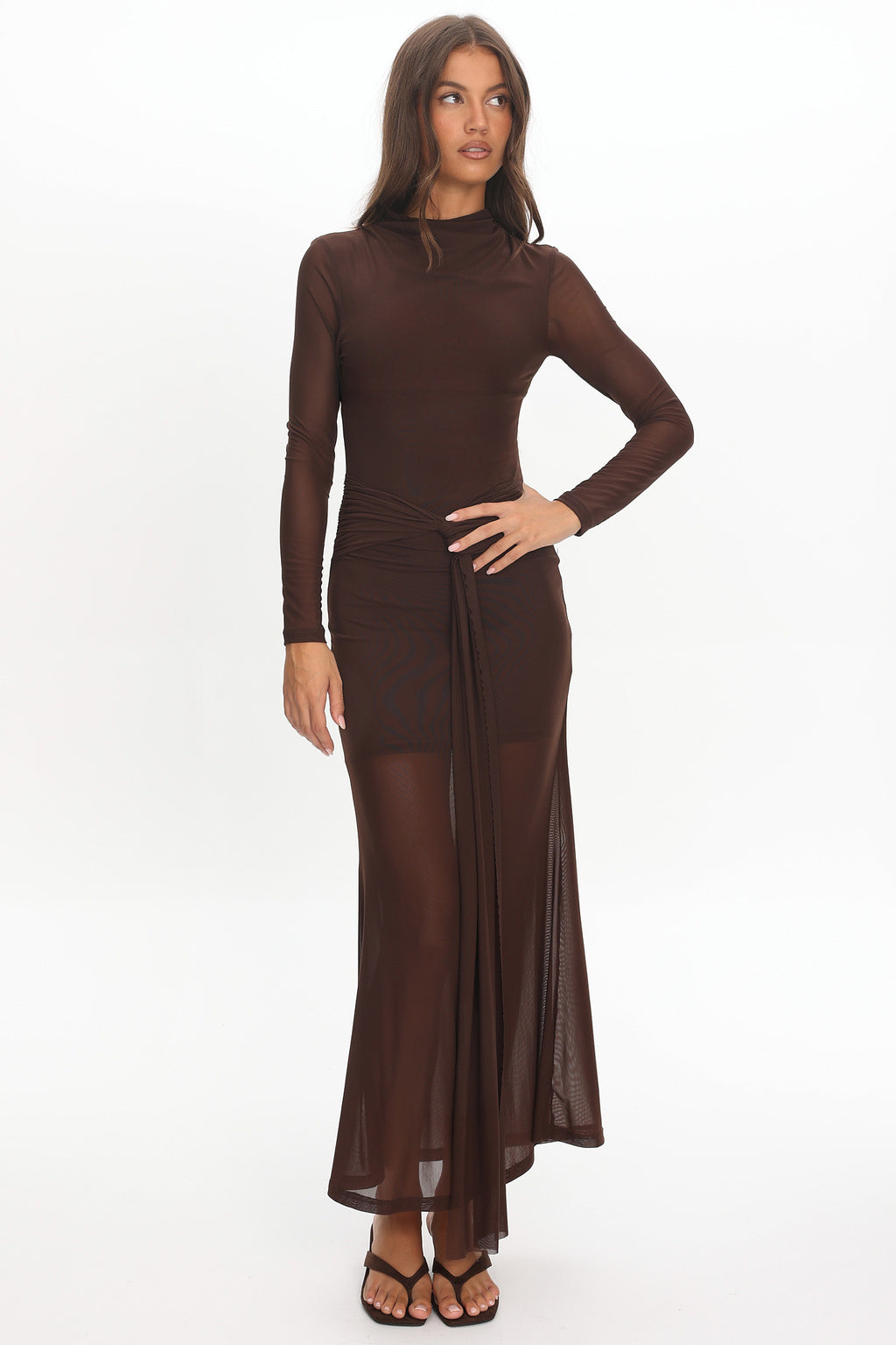 Girl's Night Long Sleeve Mesh Maxi Dress Chocolate by Selfie Leslie Australia