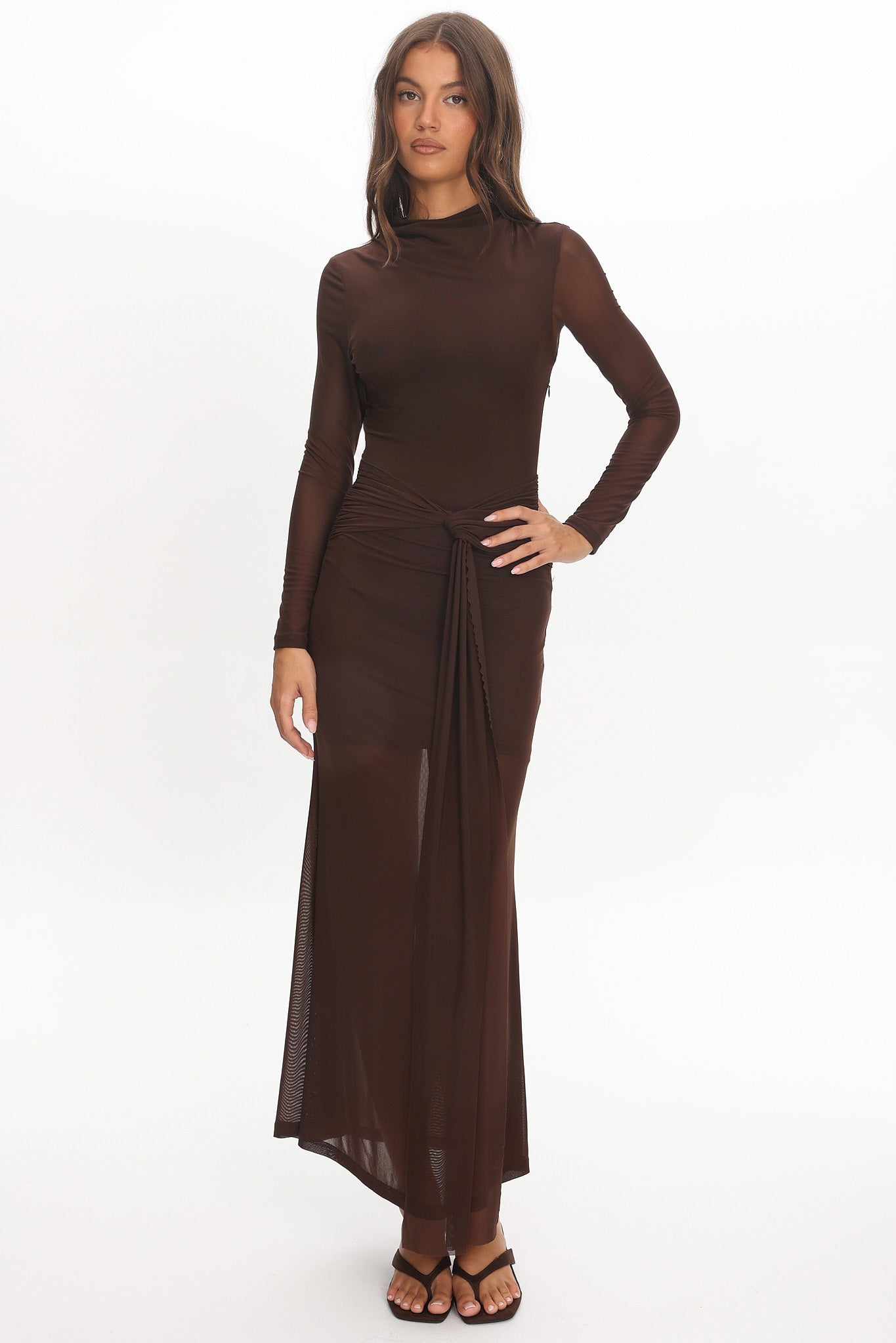 Girl's Night Long Sleeve Mesh Maxi Dress Chocolate by Selfie Leslie Australia