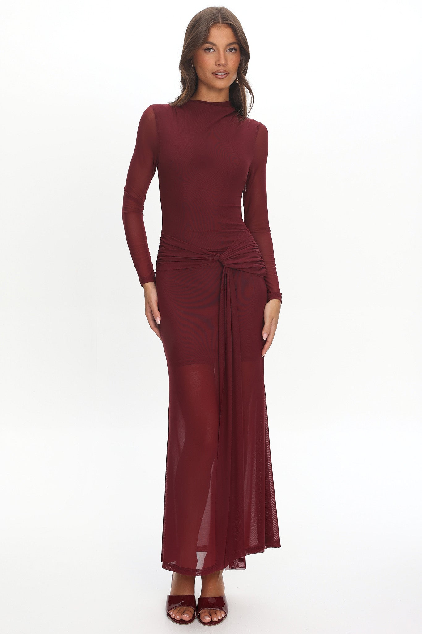 Girl's Night Long Sleeve Mesh Maxi Dress Wine by Selfie Leslie Australia