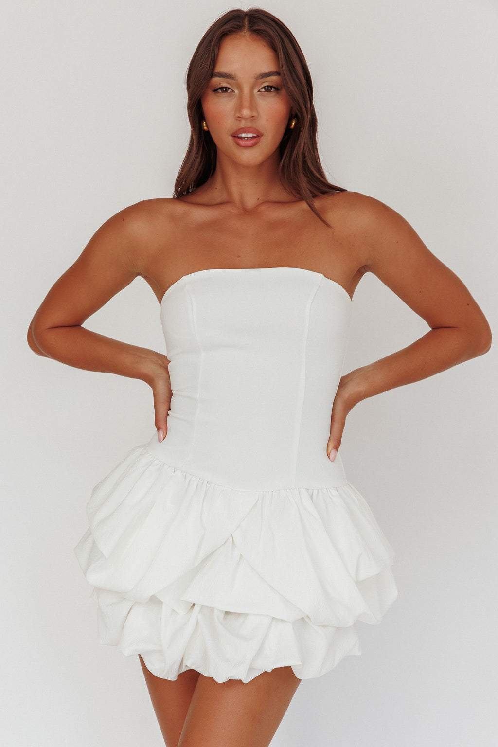 Nefiti Strapless Layered Bubble Hem Dress White by Selfie Leslie Australia