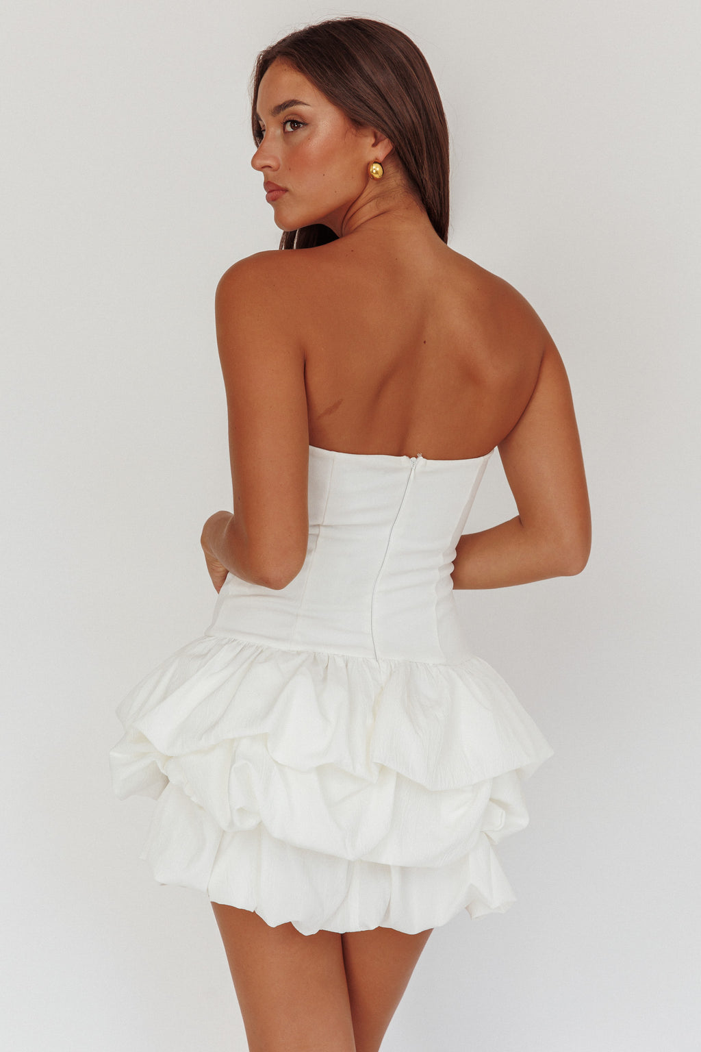 Nefiti Strapless Layered Bubble Hem Dress White by Selfie Leslie Australia