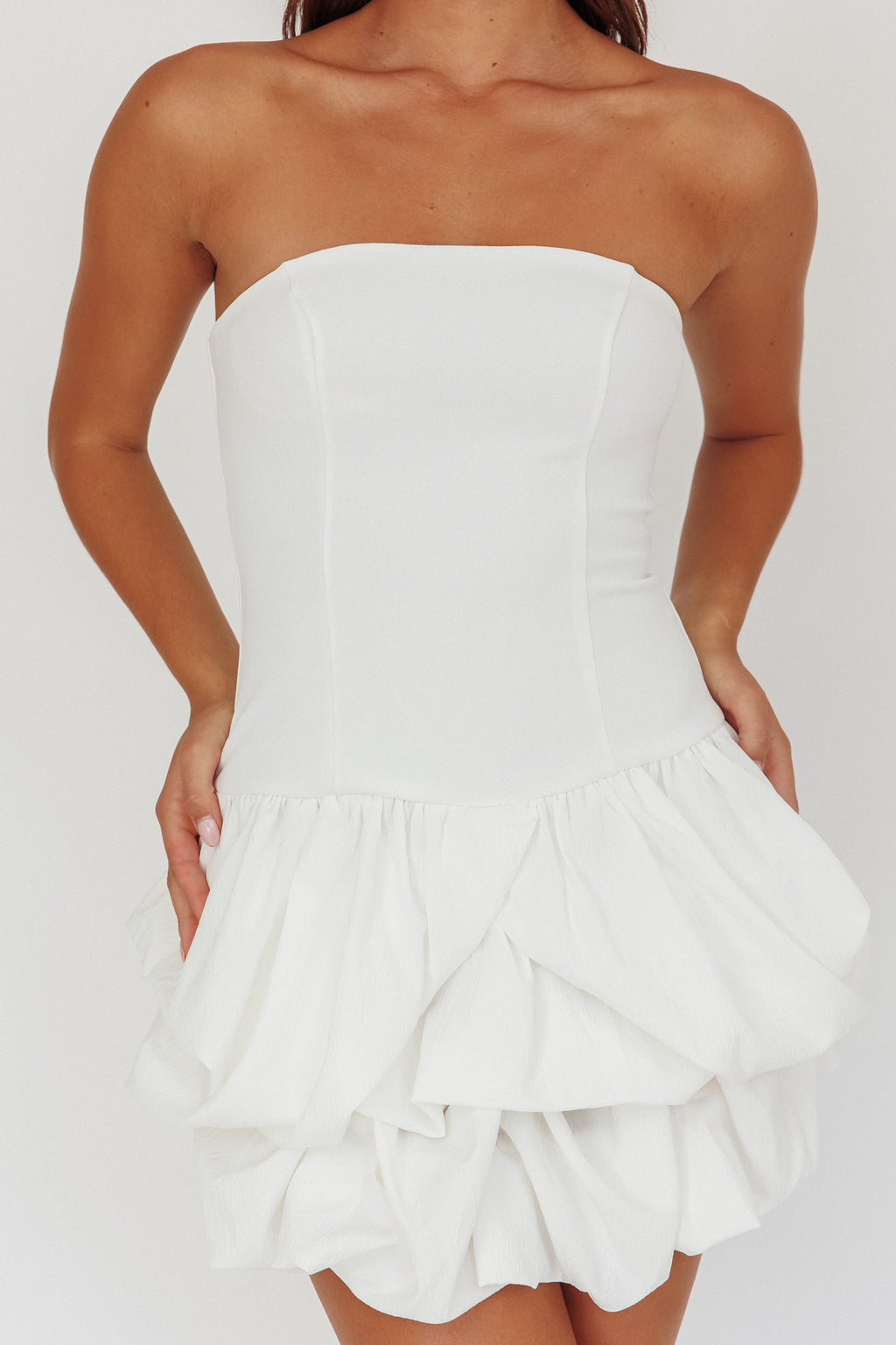 Nefiti Strapless Layered Bubble Hem Dress White by Selfie Leslie Australia