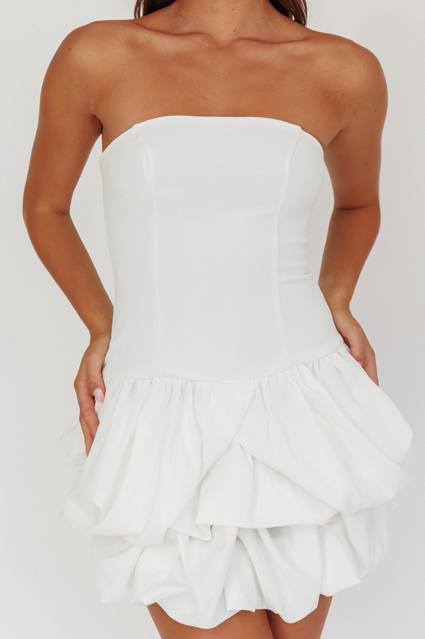 Nefiti Strapless Layered Bubble Hem Dress White by Selfie Leslie Australia