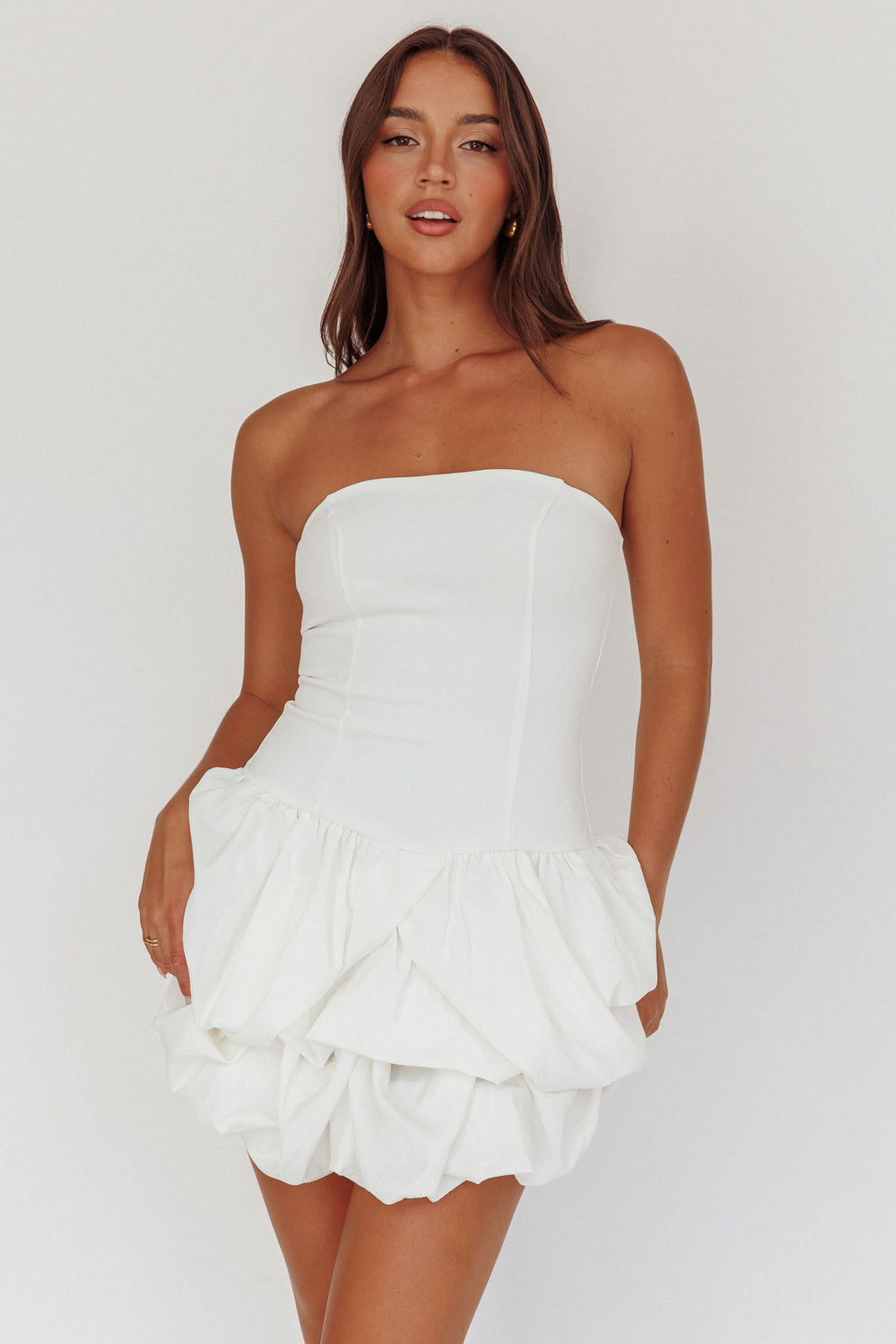 Nefiti Strapless Layered Bubble Hem Dress White by Selfie Leslie Australia