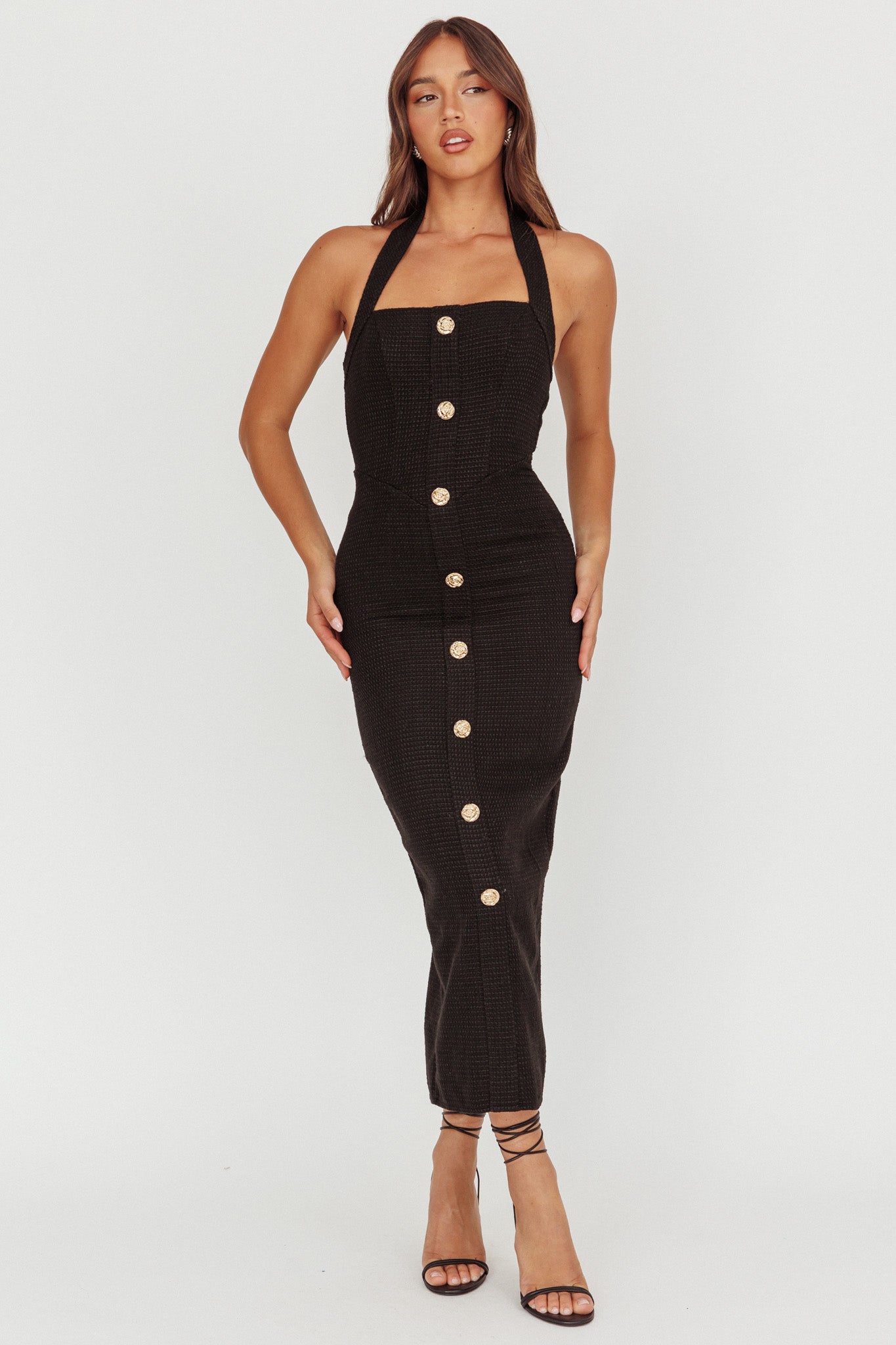 She Is Button Front Halter Midi Dress Tweed Black by Selfie Leslie Australia