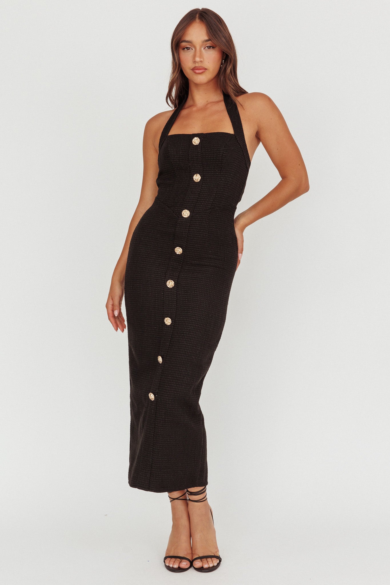 She Is Button Front Halter Midi Dress Tweed Black by Selfie Leslie Australia