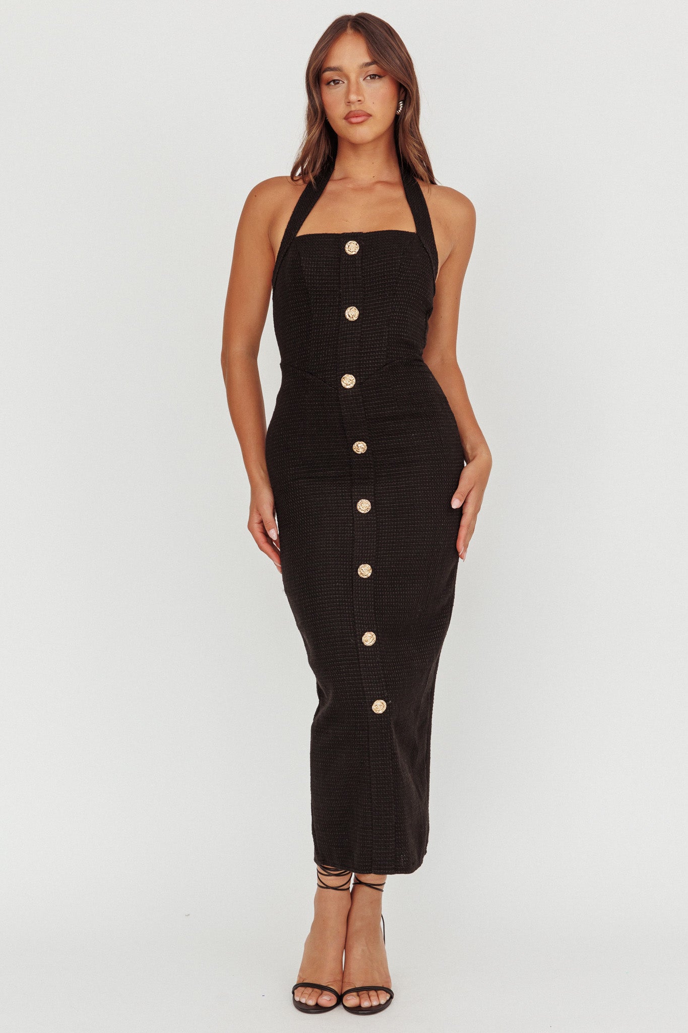 She Is Button Front Halter Midi Dress Tweed Black by Selfie Leslie Australia