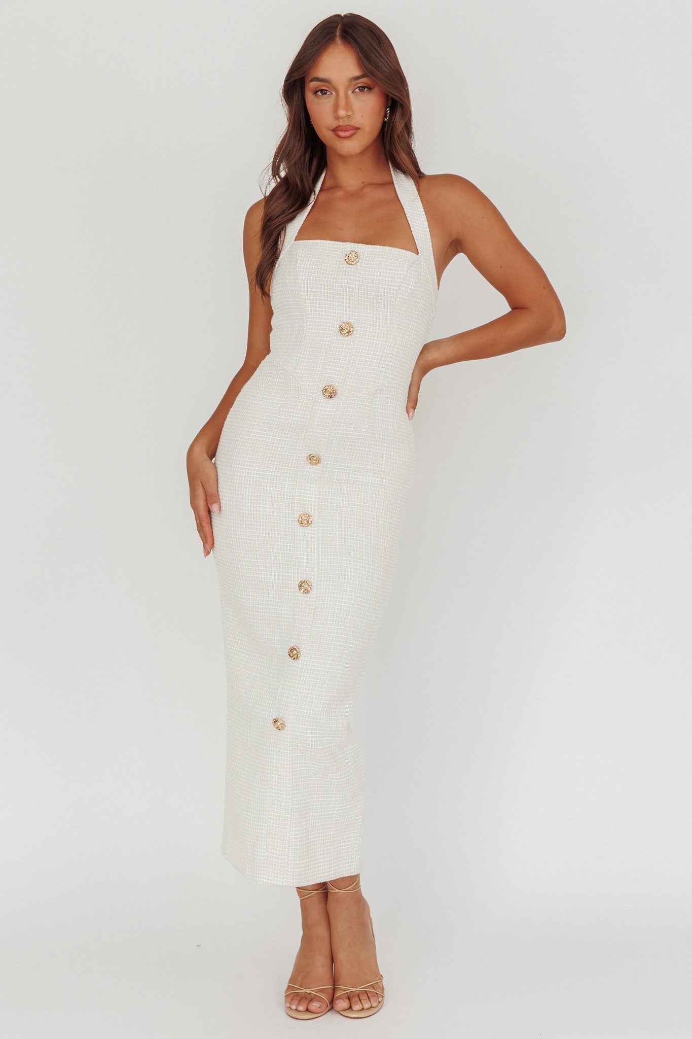 She Is Button Front Halter Midi Dress Tweed White by Selfie Leslie Australia