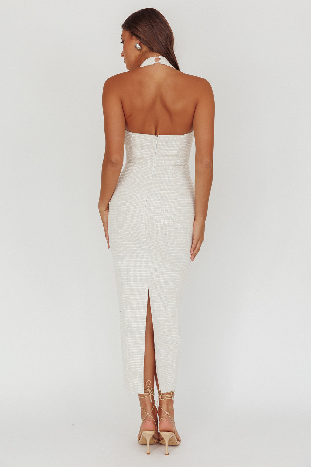 She Is Button Front Halter Midi Dress Tweed White by Selfie Leslie Australia