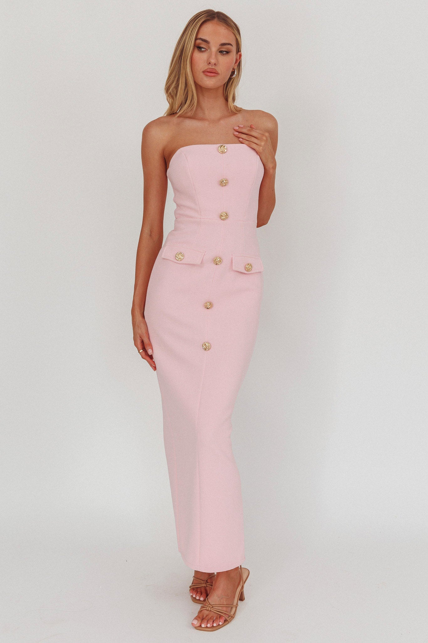 She Is Button Front Strapless Maxi Dress Pink by Selfie Leslie Australia