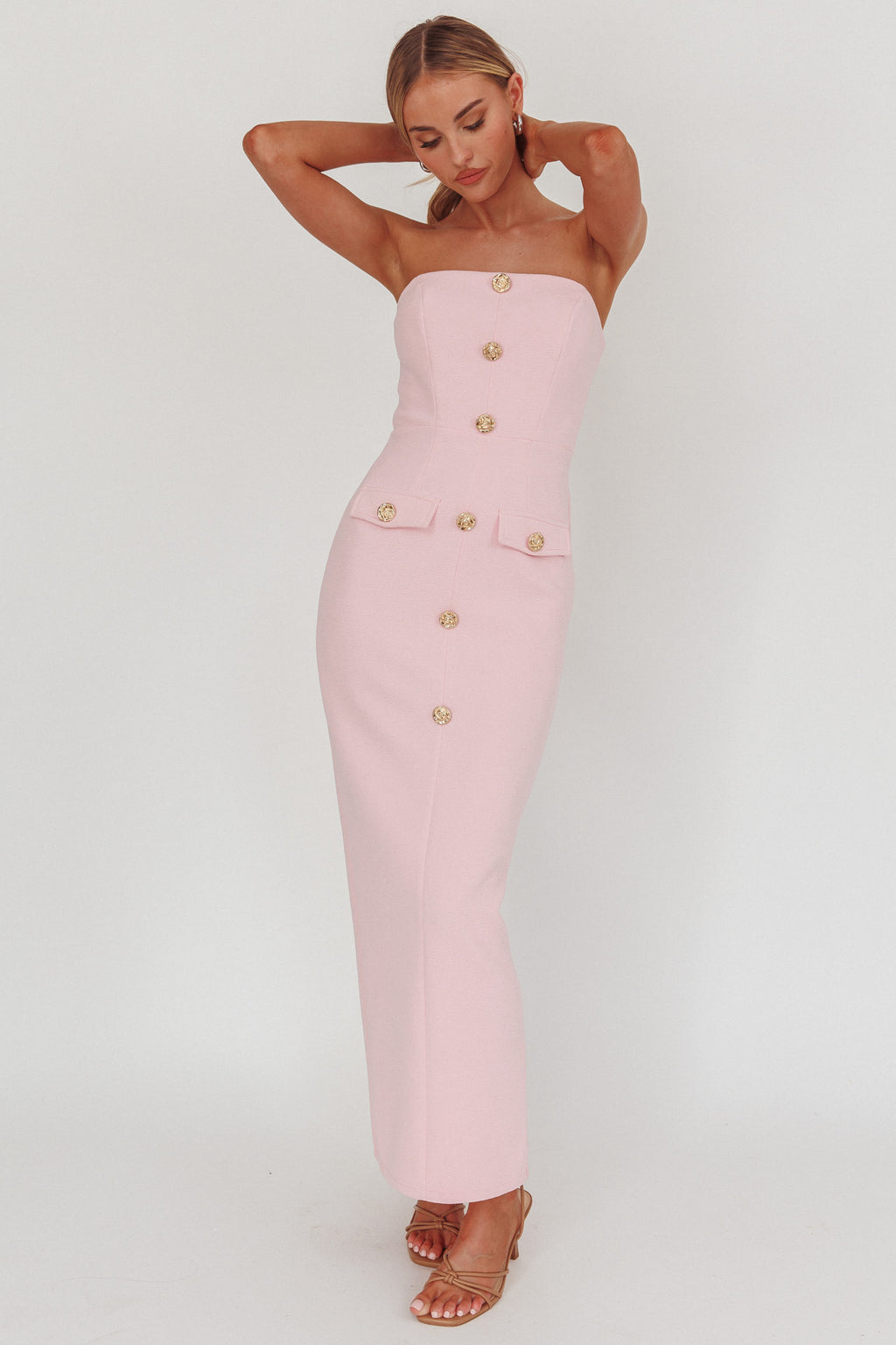She Is Button Front Strapless Maxi Dress Pink by Selfie Leslie Australia