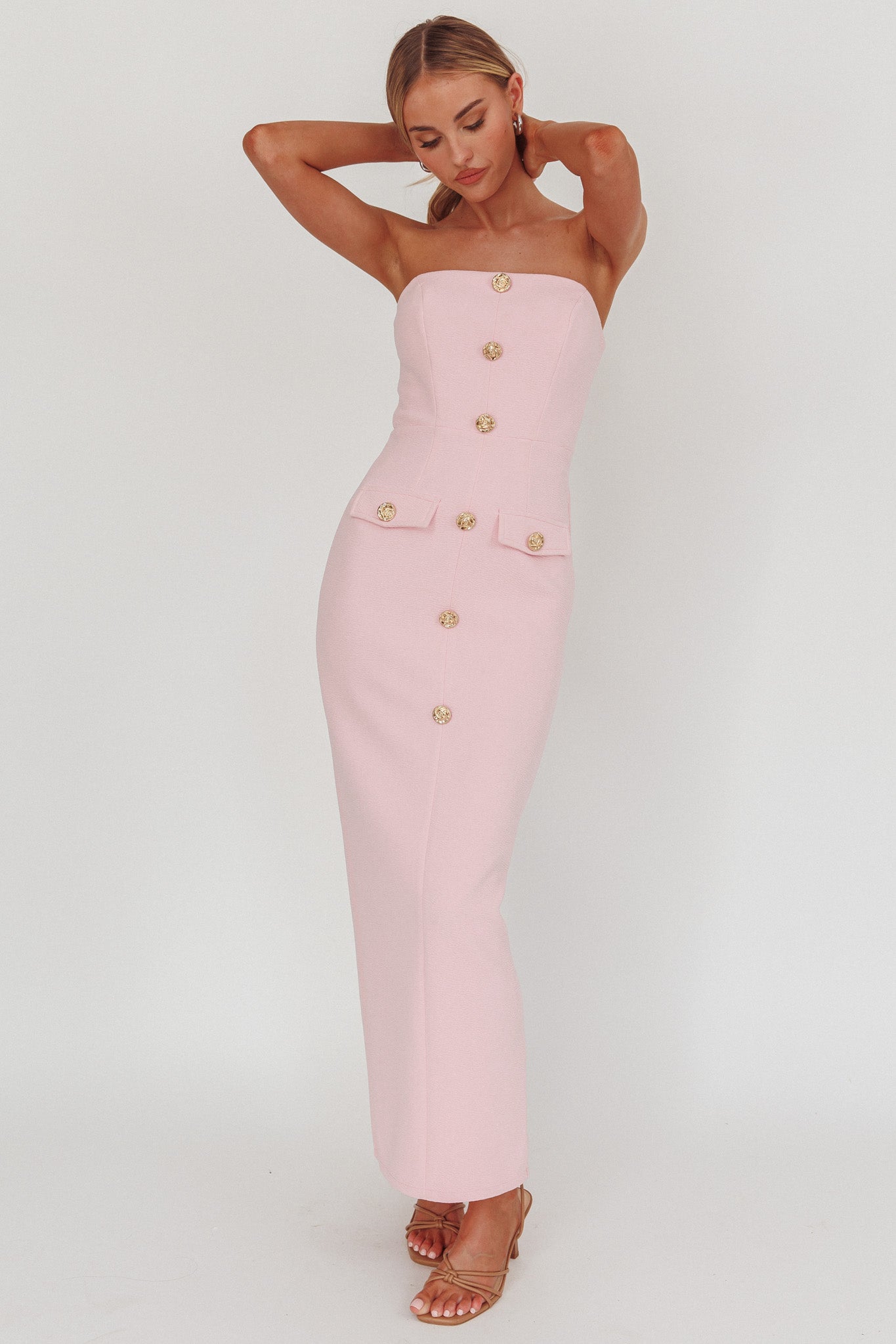 She Is Button Front Strapless Maxi Dress Pink by Selfie Leslie Australia