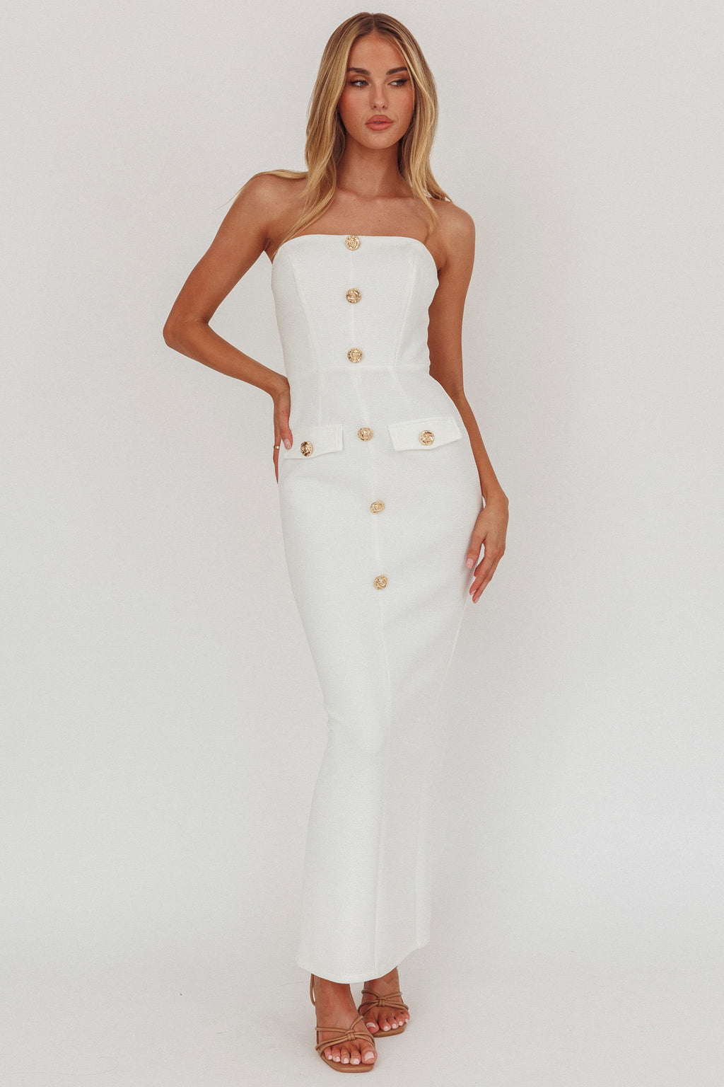She Is Button Front Strapless Maxi Dress White by Selfie Leslie Australia