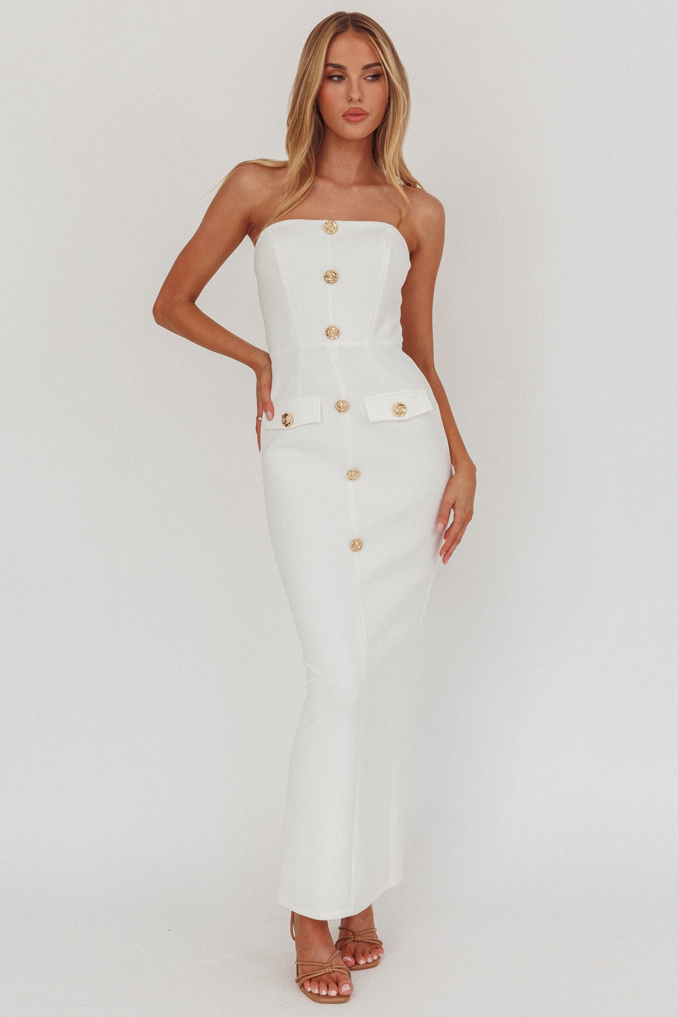 She Is Button Front Strapless Maxi Dress White by Selfie Leslie Australia