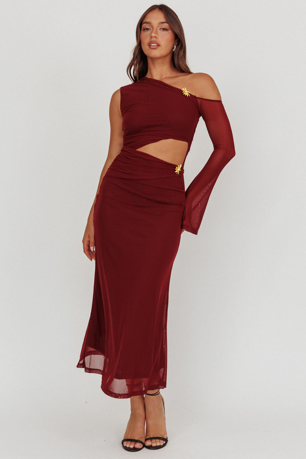 Prima One Shoulder Cut-Out Maxi Dress Wine by Selfie Leslie Australia