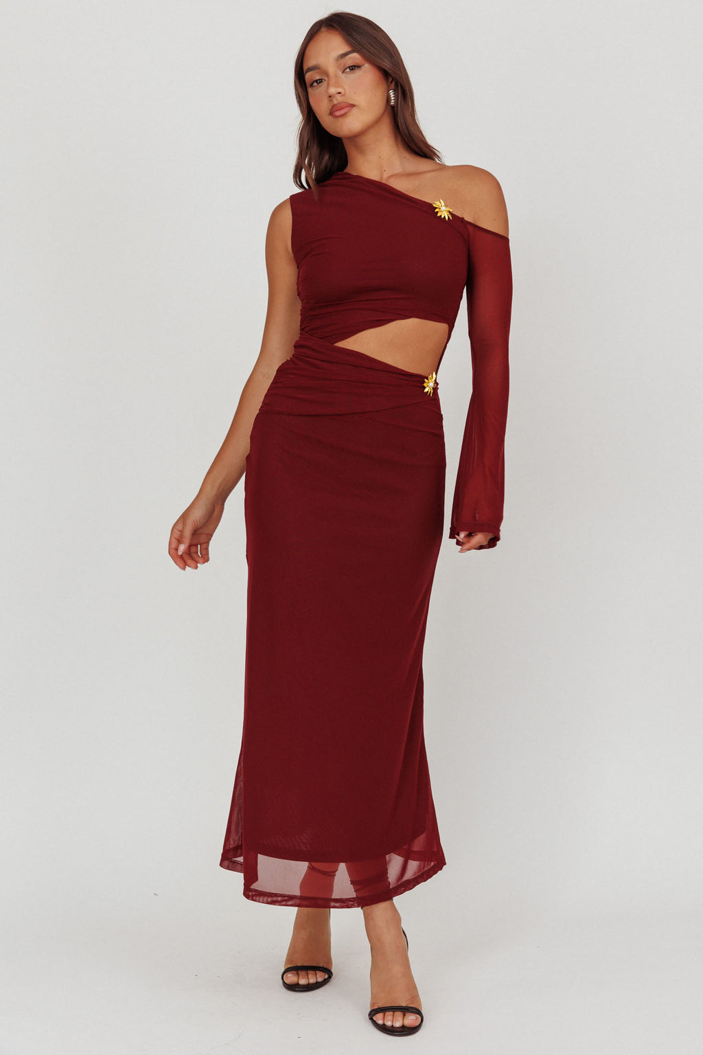 Prima One Shoulder Cut-Out Maxi Dress Wine by Selfie Leslie Australia